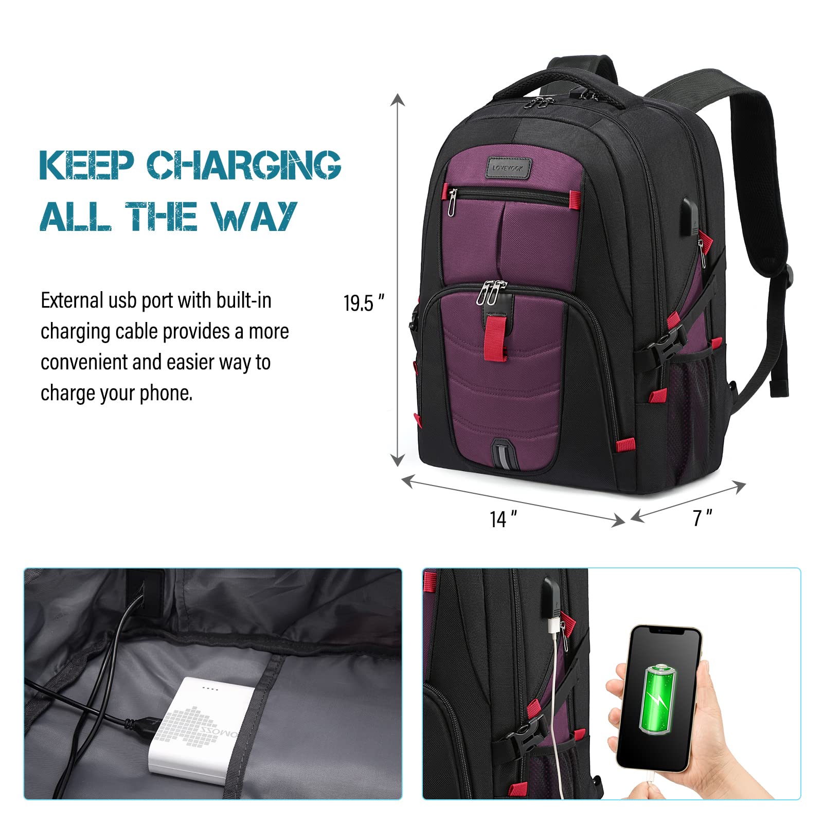 LOVEVOOK 17 Inch Waterproof Anti-Theft Laptop Backpack with USB Charging Port & Lock - Lightweight Business Travel Backpack for Men & Women, College Students (Black & Purple) - Perfect for Work, School, Airplane & Daily Commute
