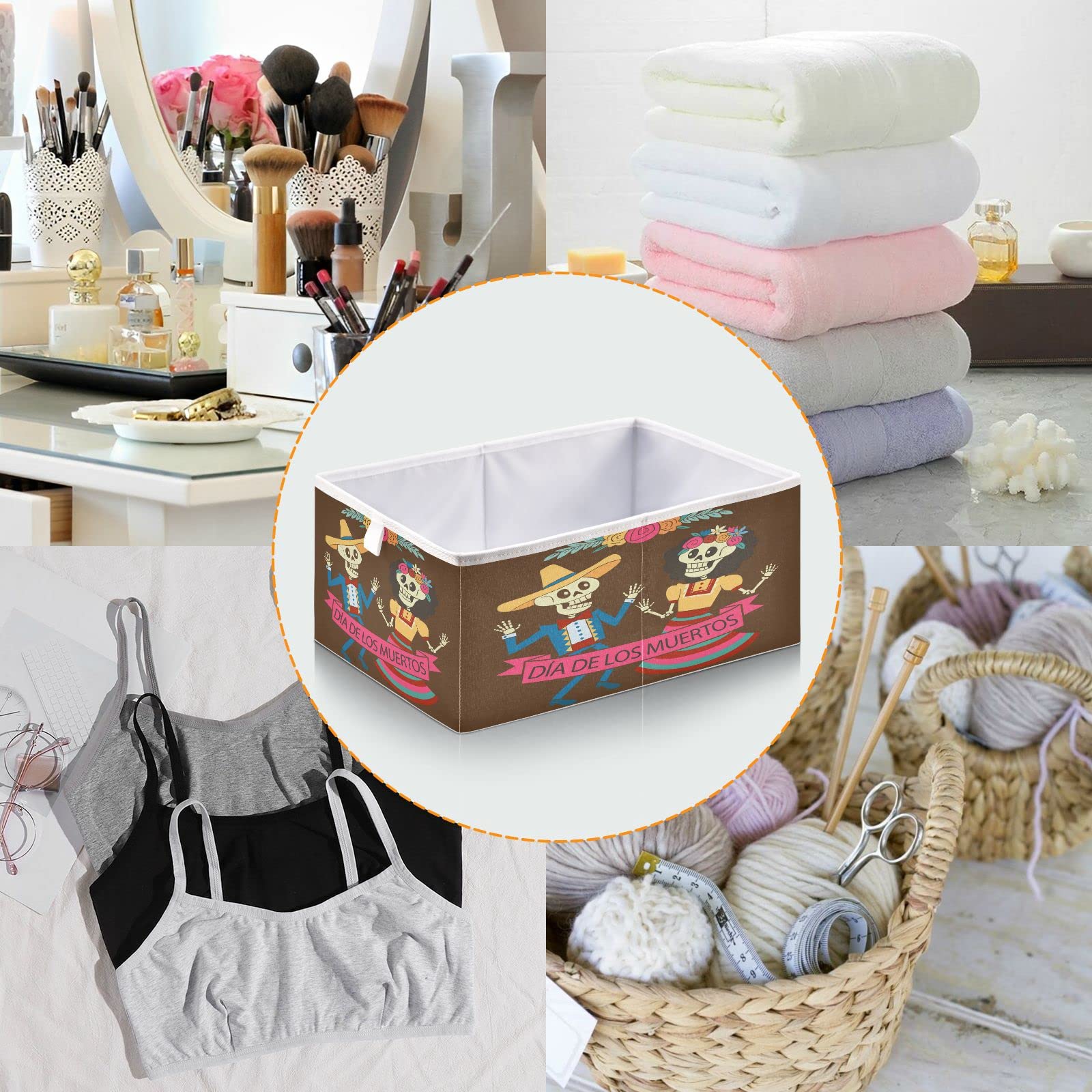 Halloween Mexican Skull Storage Baskets - Foldable Collapsible Organizer Box for Shelves, Pantry, Bathroom & Nursery (16 x 11 Inch) - Perfect for Toy Storage, Closet Organization & Home Decor