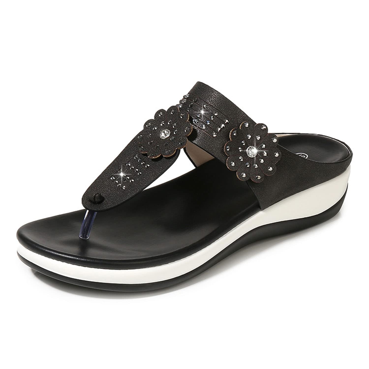 YHTootW Women's Bohemian Beach Flip Flops - Comfortable Casual Sandals with Flower Rhinestone Design, Platform Flat Open Toe PU Slippers for Daily Wear | Breathable & Fashionable | Perfect for Beach, Vacation, and Summer Outfits