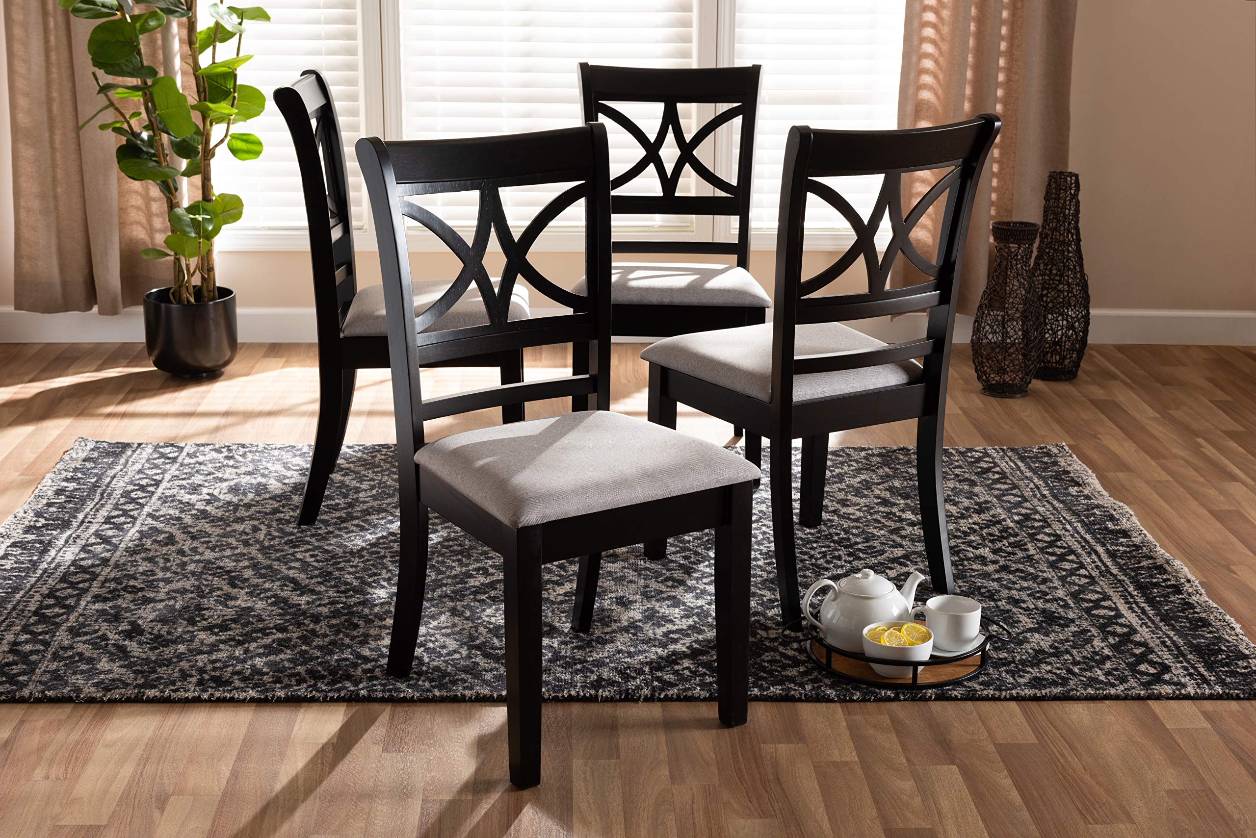 Baxton Studio Clarke 4-Piece Dining Chair Set - Grey Fabric Upholstered Seats with Espresso Brown Wood Finish - Modern Kitchen & Dining Room Furniture for Home Decor
