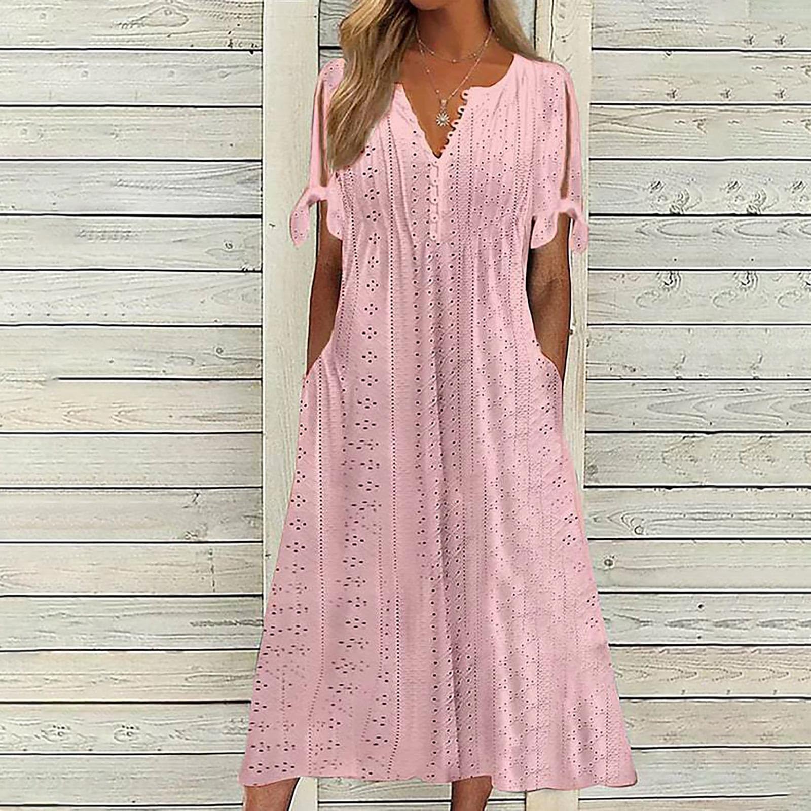 Trendy 2025 Women's Casual Boho Maxi Dress - Short Sleeve Summer Button V-Neck Loose Dress with Pockets | Perfect for Beach Vacations, Music Festivals & Everyday Wear