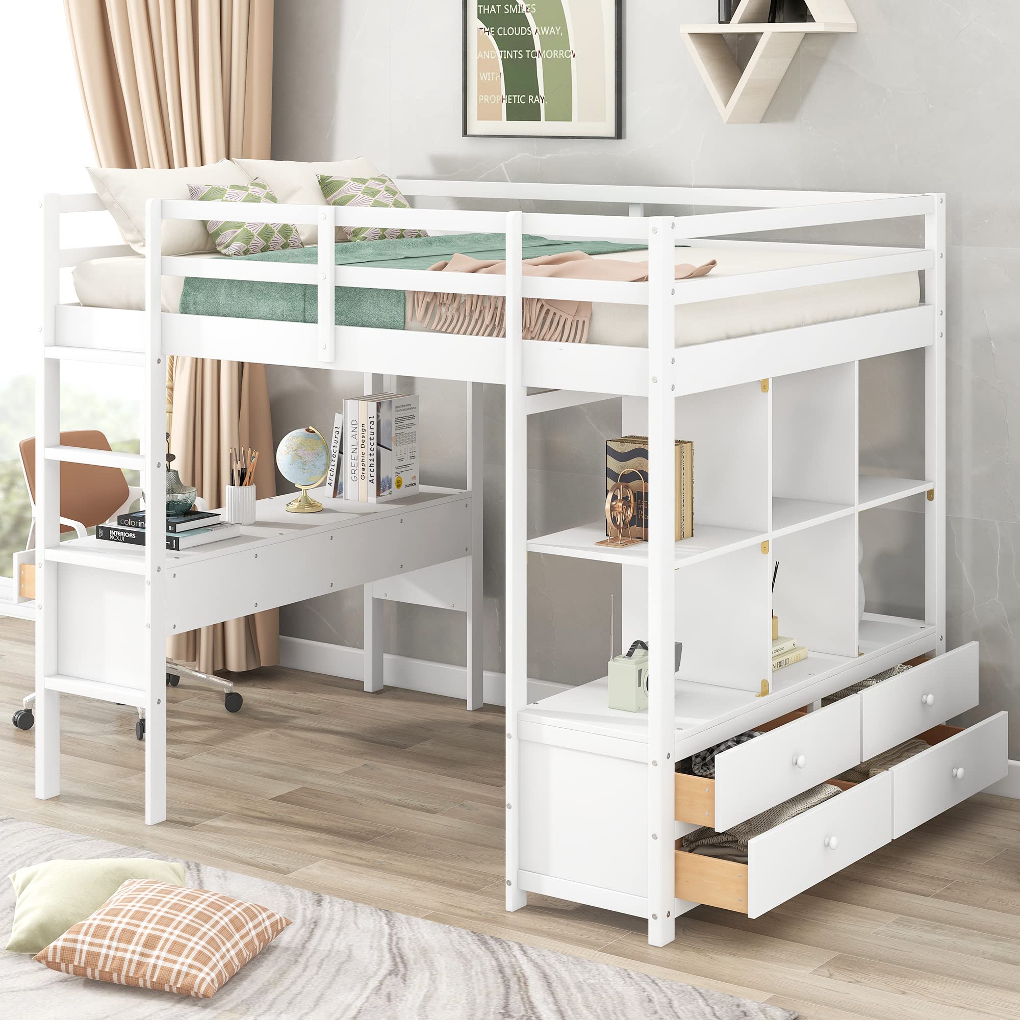 Harper & Bright Designs Full Loft Bed with Desk - Solid Wood Frame, Storage Shelves & Drawers (Full Size, White/Gray) - Space-Saving Study & Sleep Solution for Small Rooms, Dorms & Apartments
