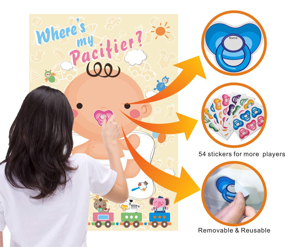 ADJOY Pin The Pacifier on The Baby Game - Fun Baby Shower Party Favors & Activities - Pin The Dummy on The Baby Game for Gender Reveal & Newborn Celebrations - Perfect for Baby Showers, Birthday Parties & Family Gatherings