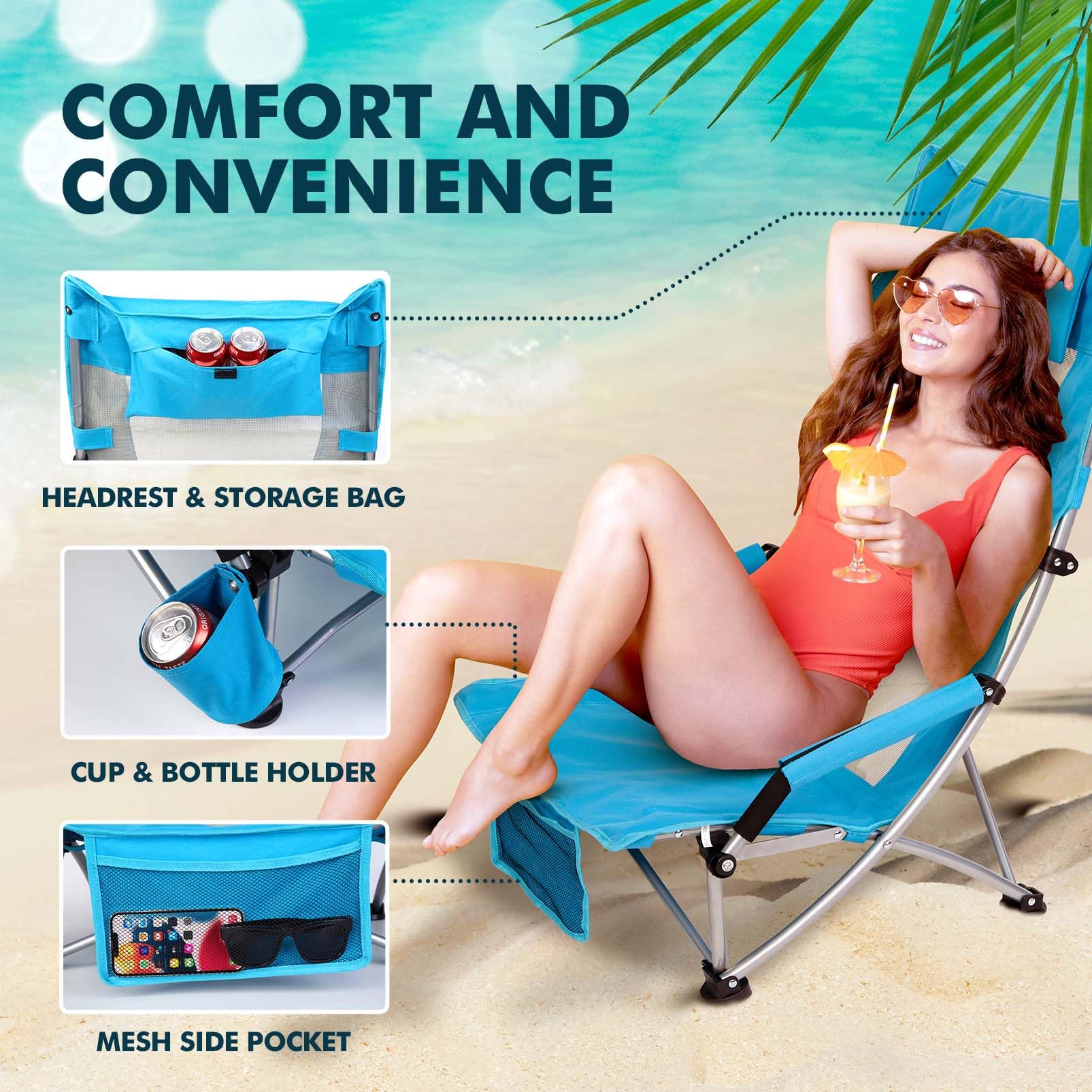 AKSOUL Portable Folding Beach Chair for Adults - Adjustable High/Low Back, Extra Wide Seat with Comfortable Pillow & Storage Pocket - Includes Carry Bag (1 Pack & 2 Pack, Blue) - Perfect for Beach, Camping, Picnics, Backyard & Outdoor Relaxation