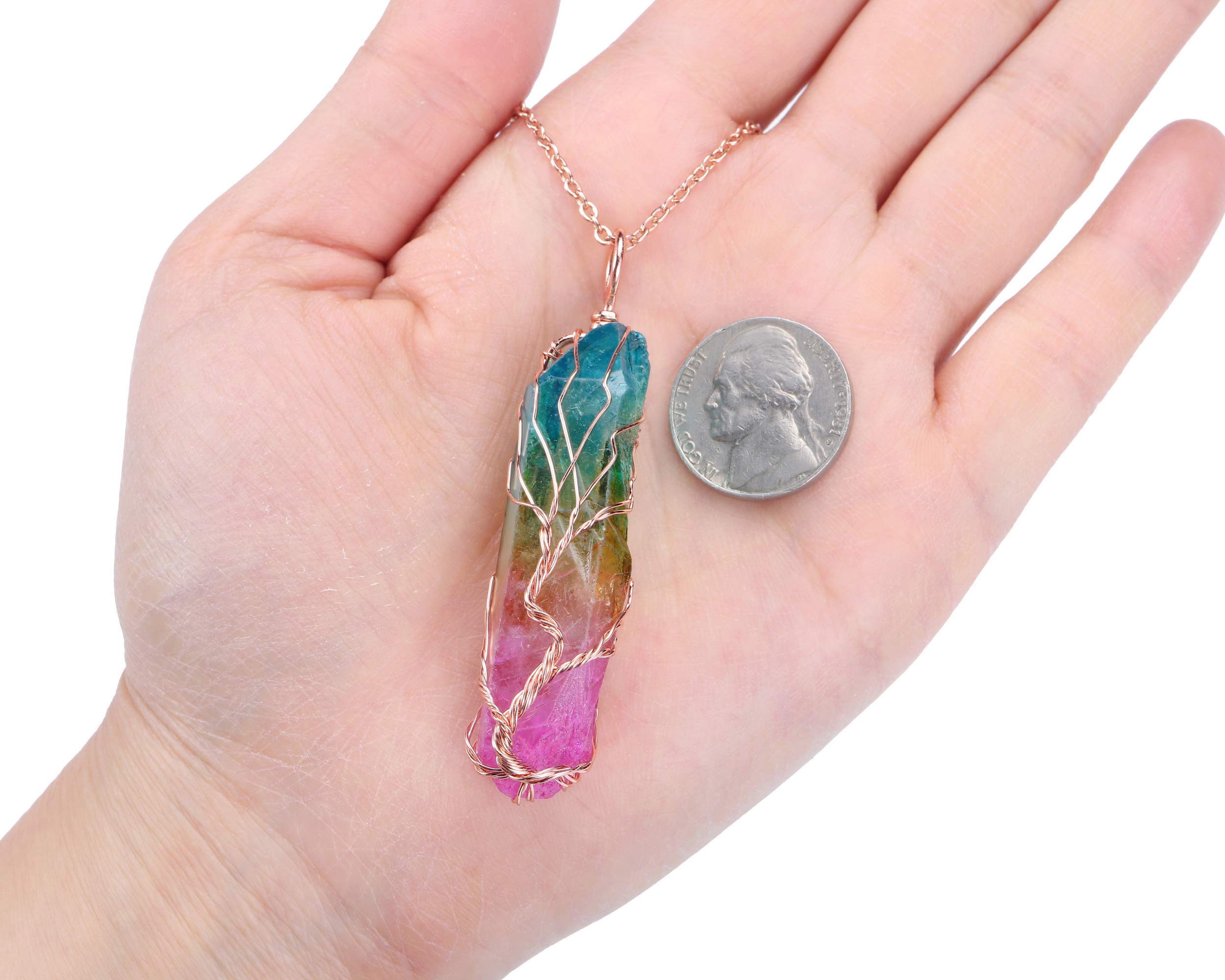Jovivi 2-Piece Crystal Necklace Set - Rose Gold Plated Rose Flower Wrapped Natural Rose Quartz & Titanium Coated Rainbow Rock Quartz Chakra Necklaces for Healing, Energy Balancing & Spiritual Wellness | Perfect for Meditation, Yoga, Reiki & Gift Giving