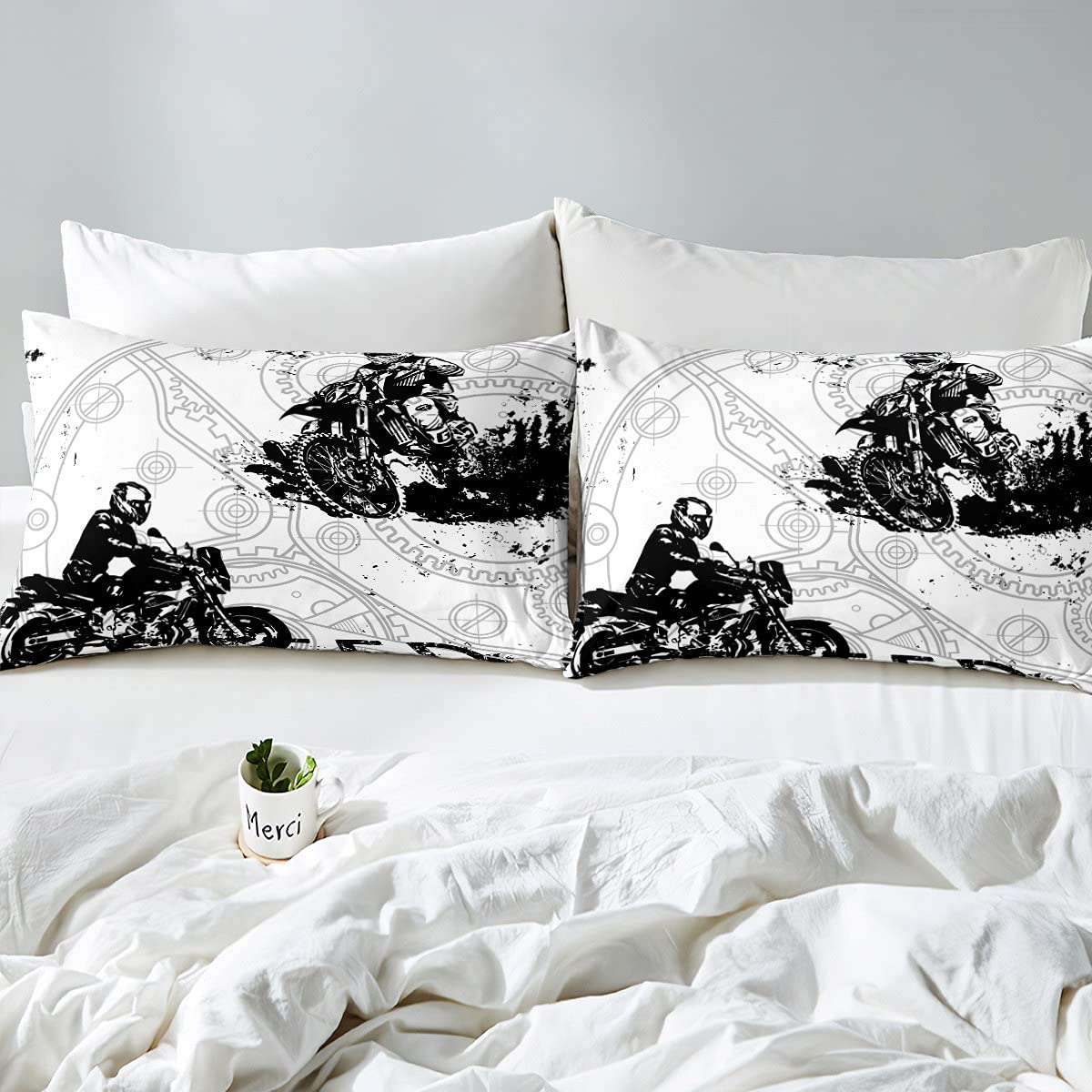 Motocross Dirt Bike Comforter Set - Twin Size Extreme Sports Bedding for Teens & Kids Boys, Black & White Retro Quilted Duvet Cover with Pillowcase - Perfect for Motocross Themed Bedrooms & Racing Enthusiasts