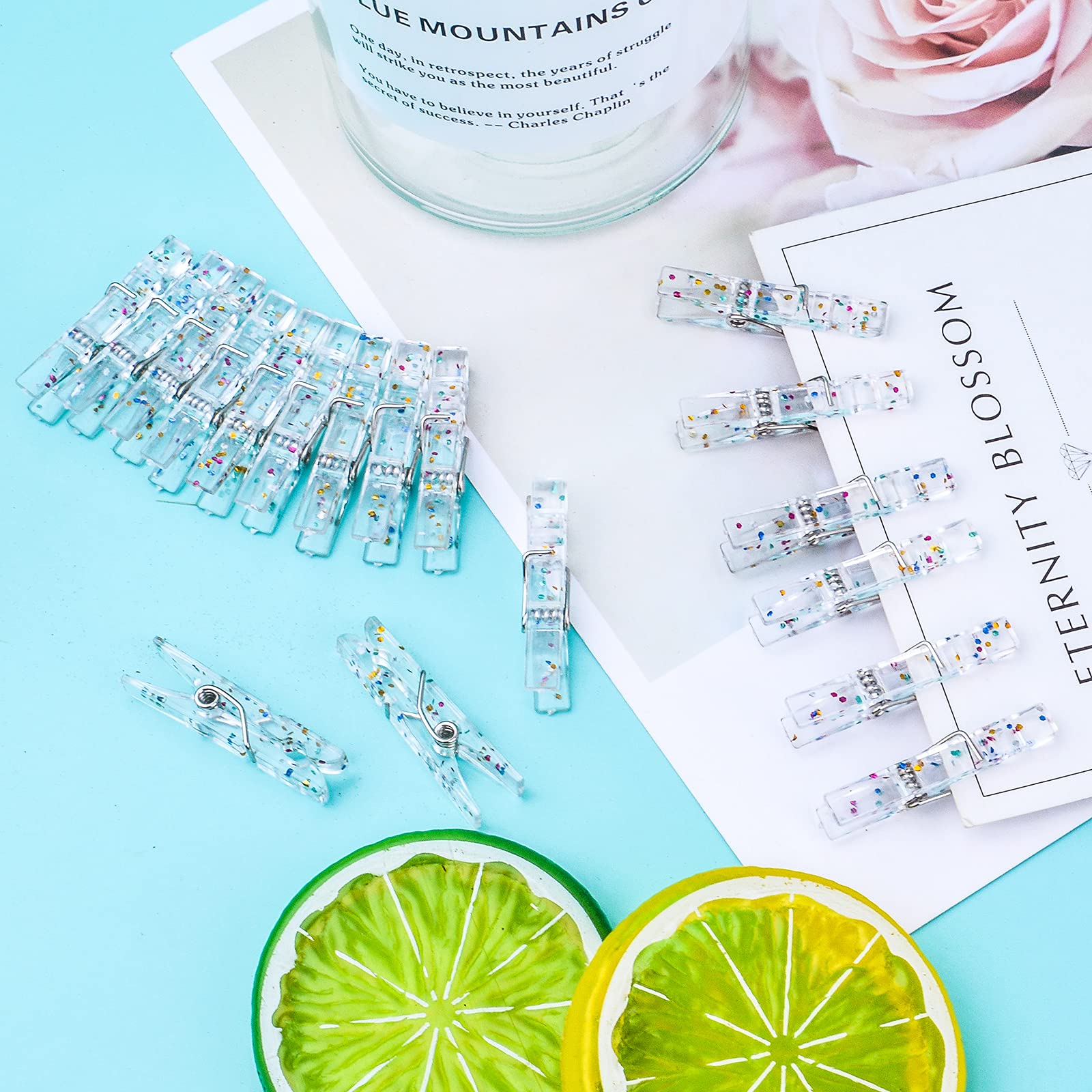 100pcs Transparent Plastic Clothespins with Glitter - 3.5cm Mini Clips for Crafts, Photos, Laundry & Christmas Decorations - Perfect for DIY Projects, Party Decor, and Home Organization