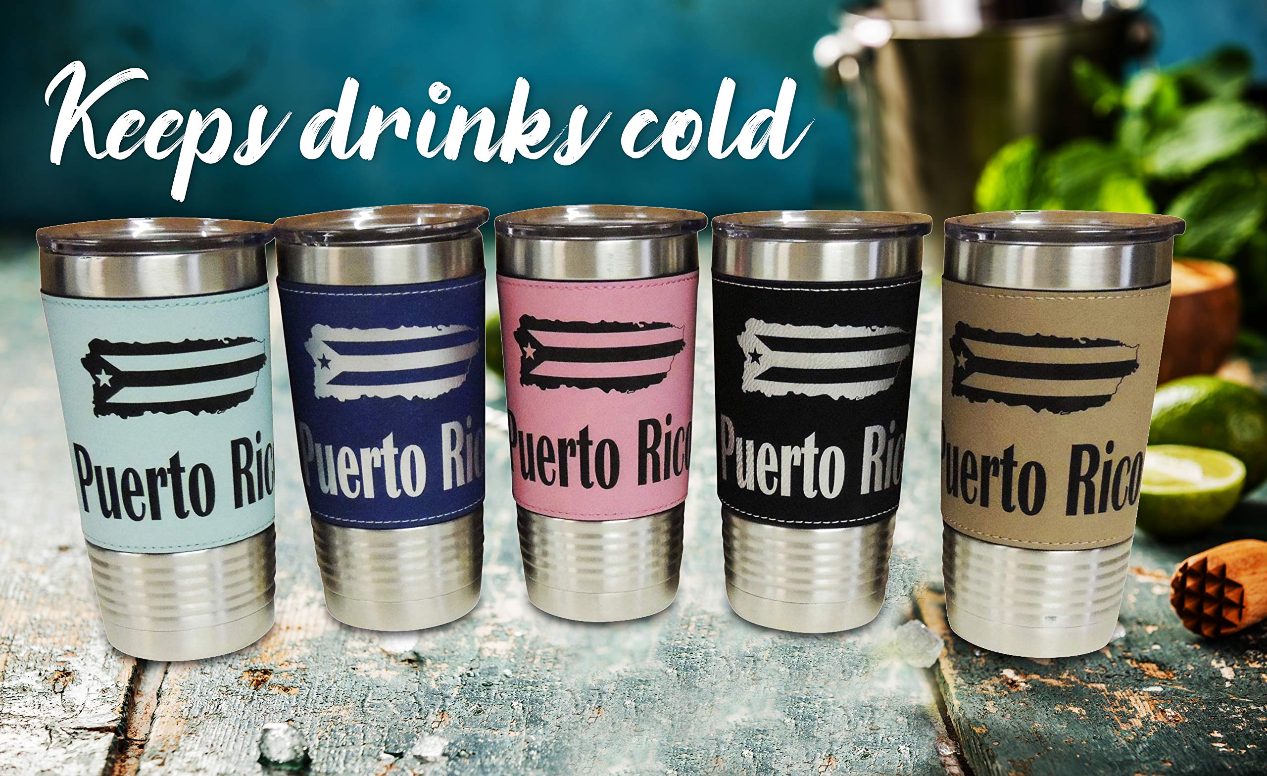20oz Stainless Steel Vacuum Insulated Tumbler with Puerto Rico Leather Wrap - Leakproof Travel Mug for Coffee & Tea - Perfect for Gym, Hiking, Camping & Outdoor Activities (Black)