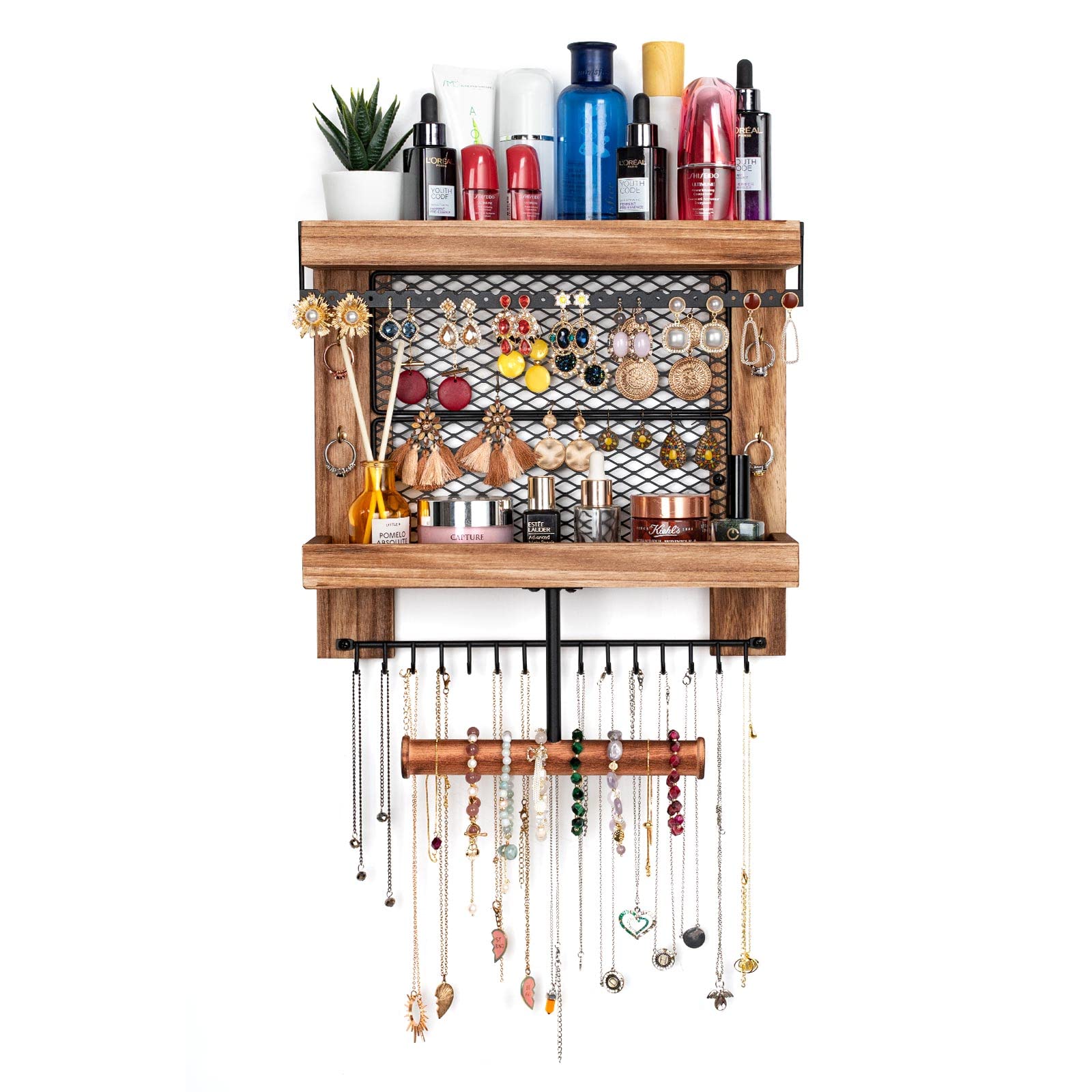 Pinzoveco Rustic Wood Hanging Jewelry Organizer Wall Mounted - Necklace Bracelet Earring Ring Holder for Bedroom, Closet & Bathroom Organization