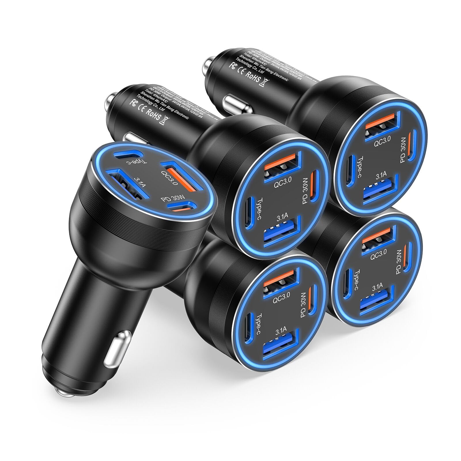 65W 4-Port USB C Car Charger Fast Charging Adapter - Dual USB-C & USB-A Super Fast Charger for iPhone 16/15/14/13/12/11 Pro Max, Samsung Galaxy - Perfect for Road Trips & Long Drives