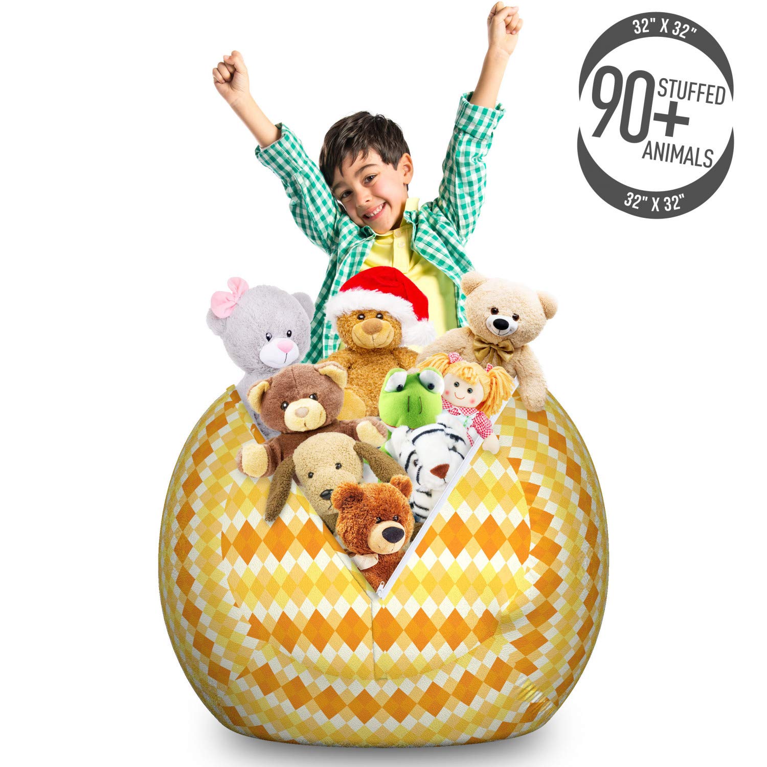 Ambesonne Argyle Toy Storage Bag Chair - Monochrome Retro Rhombus Pattern, Washable Stuffed Animal Organizer, Large Size Mustard Dark Peach - Perfect for Kids' Room, Playroom & Nursery Organization
