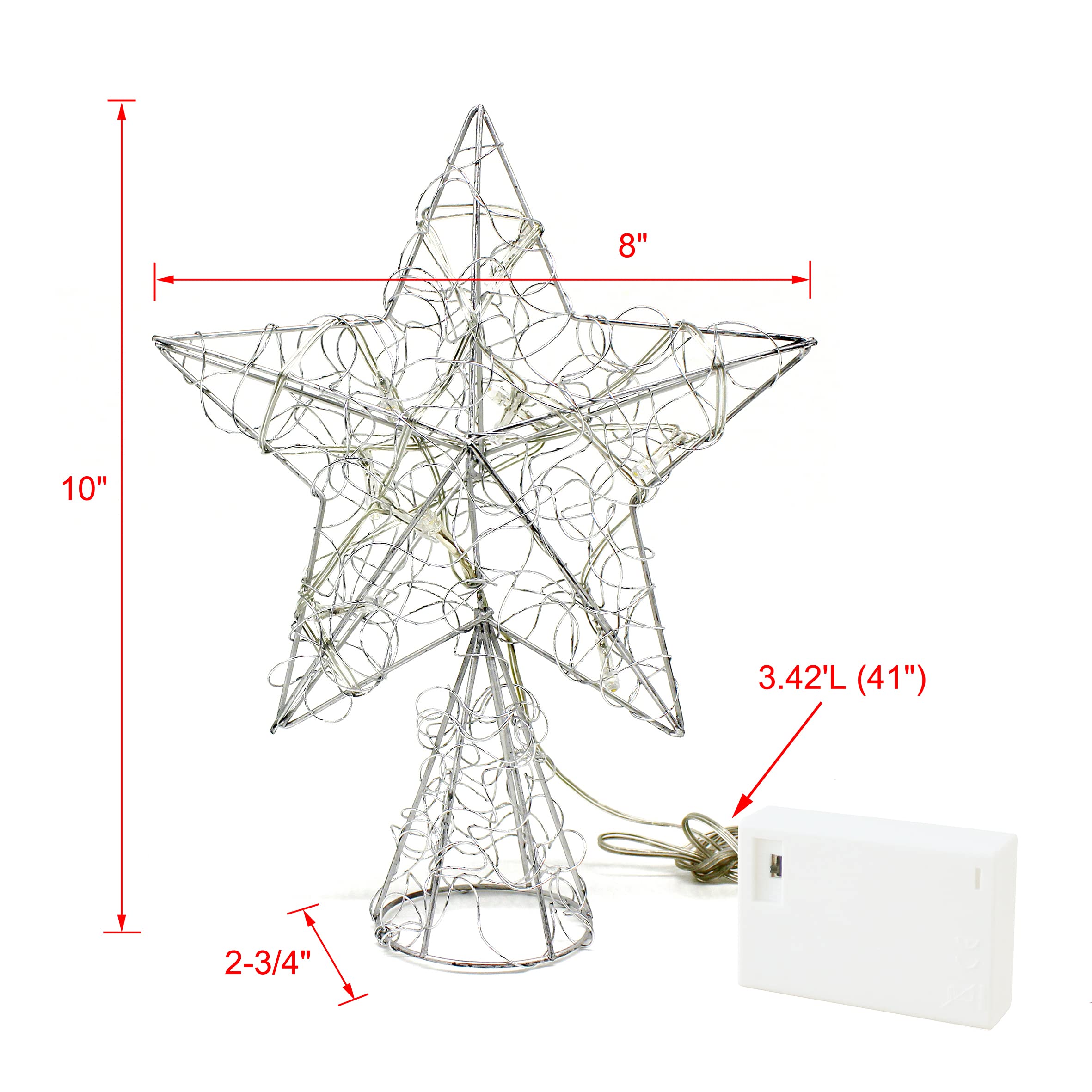 CVHOMEDECO Silver Wire Twine Tree Topper Star with Bright White LED Lights & Timer - 8x10 Inch Christmas Tree Decorations for Holiday, Party & Home Decor - Perfect for Xmas Trees, Mantels & Seasonal Displays