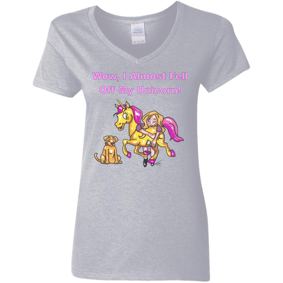 Wow I Almost Fell Off My Unicorn Women's V-Neck T-Shirt | Funny Sarcastic Graphic Tee | Perfect for Birthday Gifts & Girls Night Out