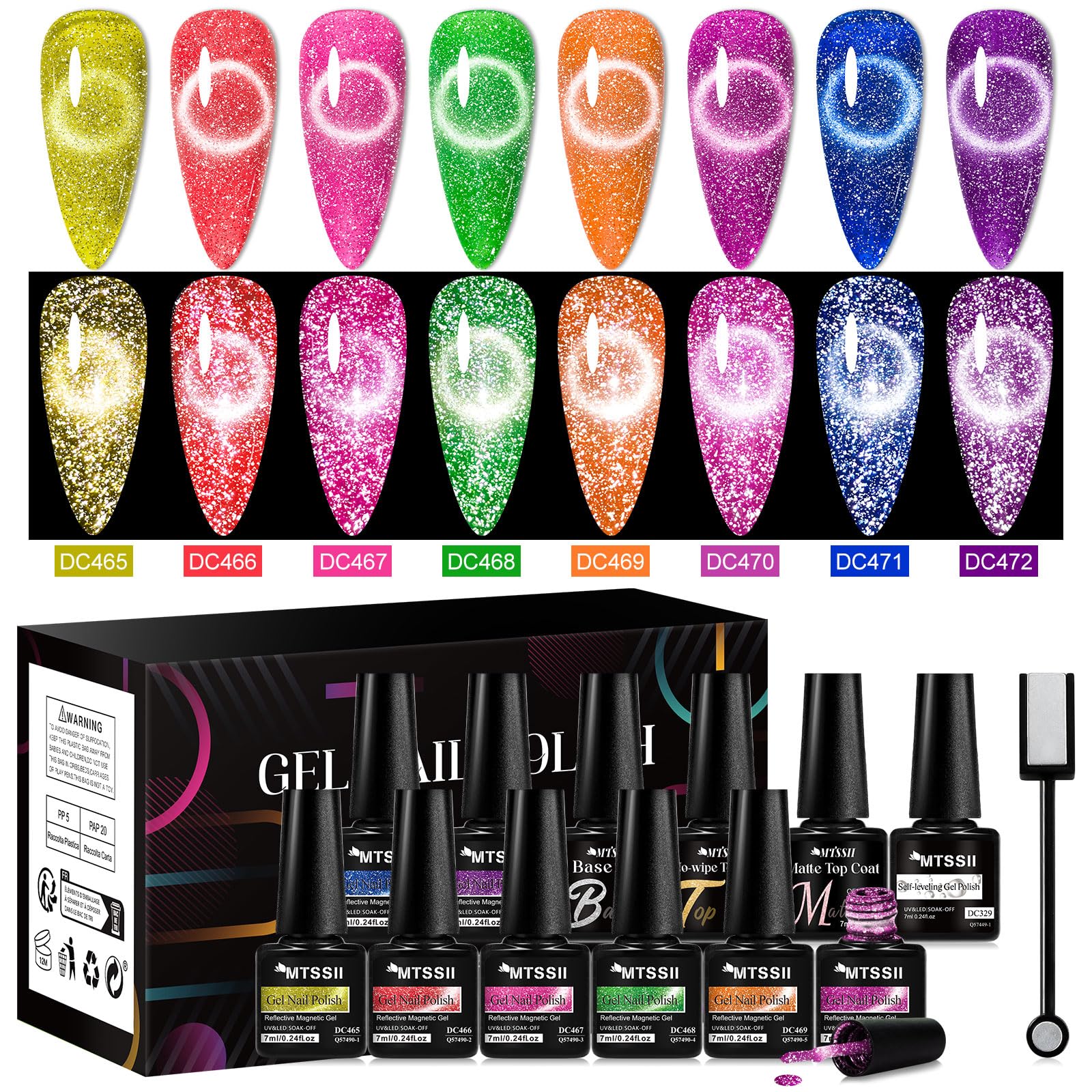 12PCS Cat Eye Gel Nail Polish Set - 8 Vibrant Colors with Glow in Dark Effect & Magnet for Stunning Designs | Neon Glitter Nail Polish Kit in Pink, Green, Blue, Purple | Perfect for DIY Manicures, Nail Art Gifts & Party Looks