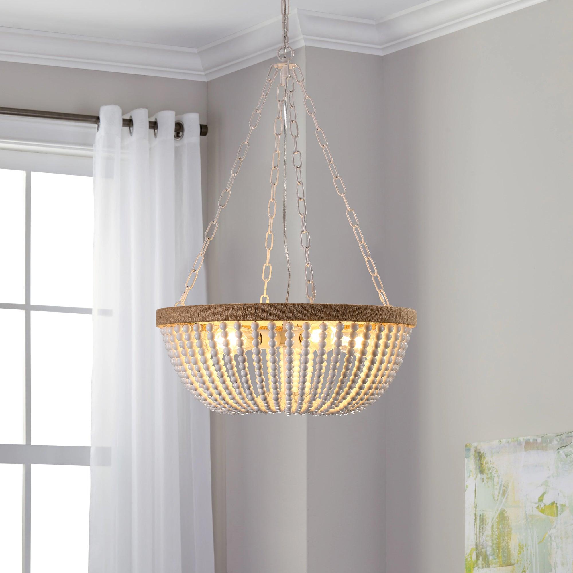 Bohemian Style Wood Beaded Chandelier - Handcrafted Oak Wood Pendant Light with White Beads | Perfect for Living Room, Bedroom, or Dining Room Decor
