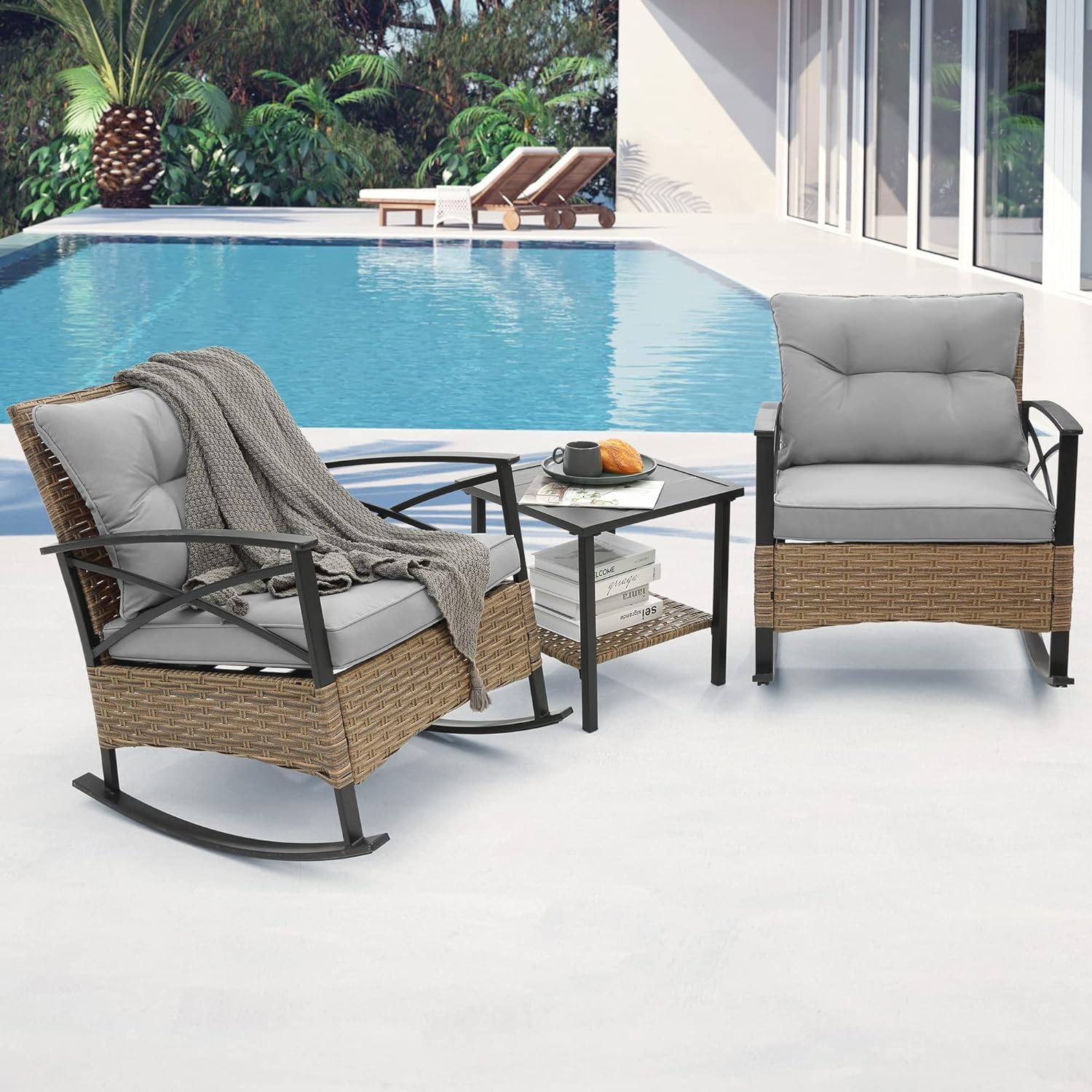3-Piece Outdoor Rocking Chair Set - Grey Patio Bistro Furniture with Wicker Rockers & Cushioned Seating, Perfect for Porch, Garden, Lawn or Backyard Relaxation