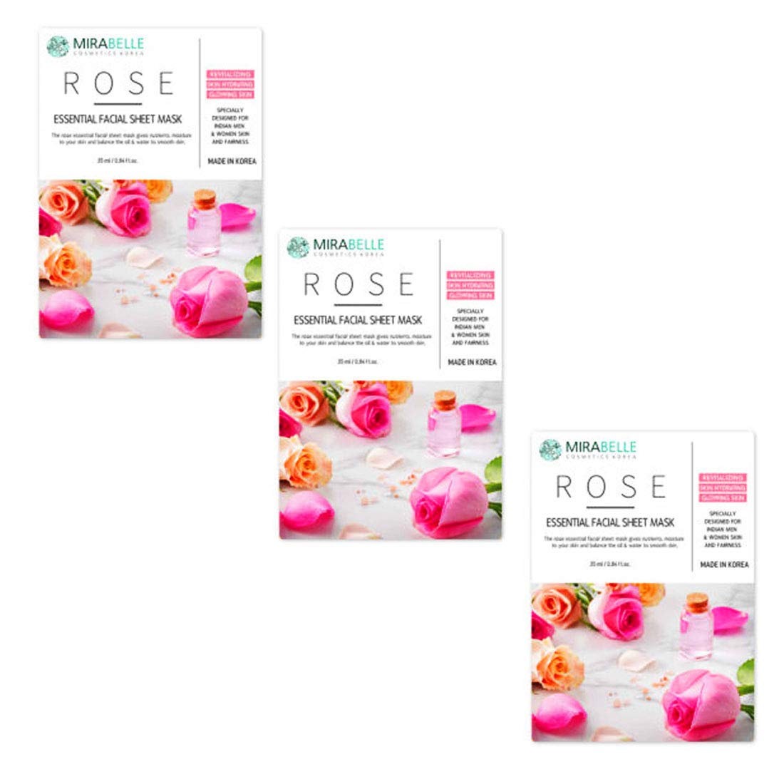 Mirabelle Korea Rose Sheet Mask - Hydrating & Brightening Facial Mask Pack of 3 for Glowing Skin | Korean Skincare for Dry & Dull Skin | Perfect for Daily Routine & Self-Care Days