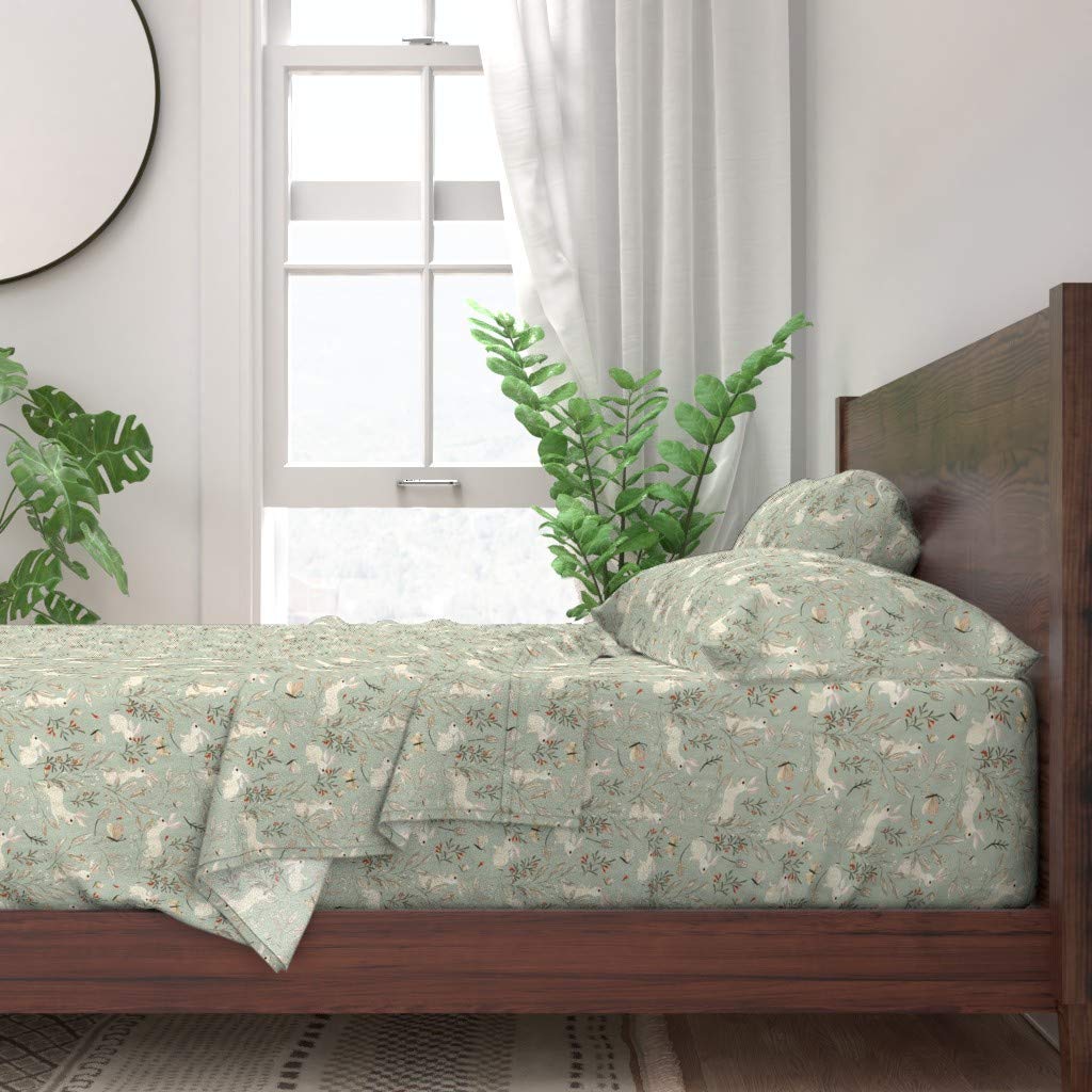 100% Cotton Twin Sheet Set 3-Piece - Bunnies, Green Bunny, Red Rabbit & Butterfly Woodland Animals Forest Print Custom Bedding | Soft & Breathable for Kids' Room, Nursery or Guest Bedroom
