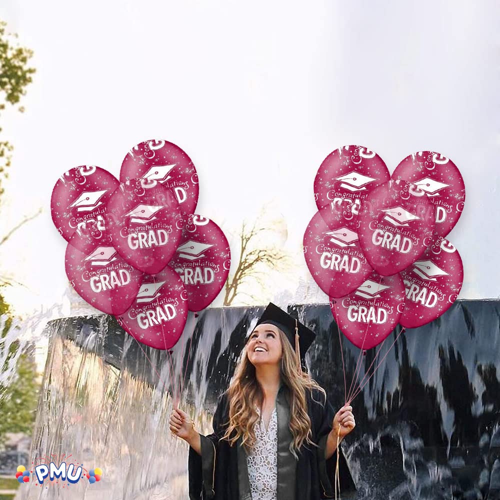 PMU Premium Crystal Burgundy Graduation Balloons with All-Over Print White Graduation Caps, Confetti & Streamers - 50 Latex Balloons per Pack | Perfect for Graduation Parties, School Celebrations & Commencement Decorations