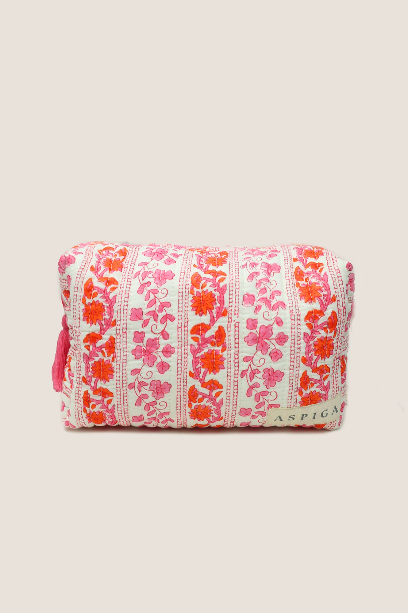 Large Block Print Wash Bag | Linear Botanical Orange/Pink Waterproof Travel Cosmetic Organizer for Women - Perfect for Gym, Beach & Vacation Trips