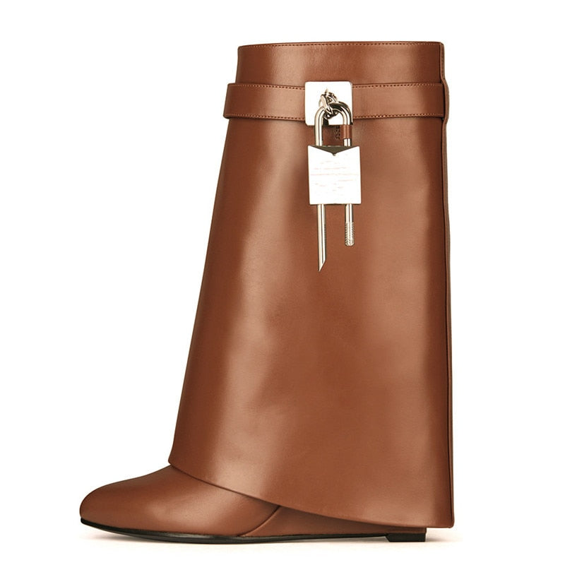 Women's Fashion High Heel Leather Boots with Side Zipper - Chunky Heel & Large Buckle Design for Autumn/Winter | Perfect for Office, Party & Night Out