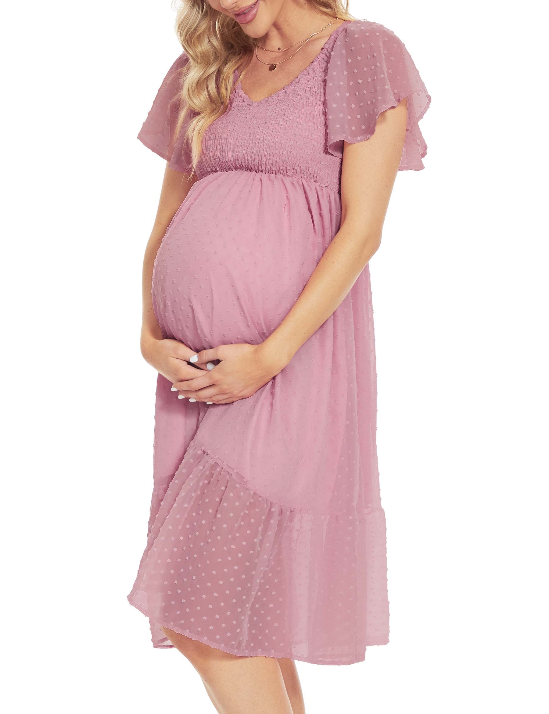 Swiss Dot Maternity Dress with Flutter Sleeves & Smocked Waist - Elegant Midi Dress for Pregnancy Photoshoot, Baby Shower & Wedding Guest Outfit | Perfect for Special Occasions & Maternity Fashion