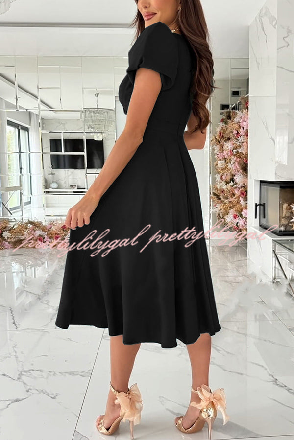 Zayla Women's Solid Color Puff Sleeve V-Neck Waist Slim Fit Midi Dress - Elegant Party, Wedding Guest & Office Wear