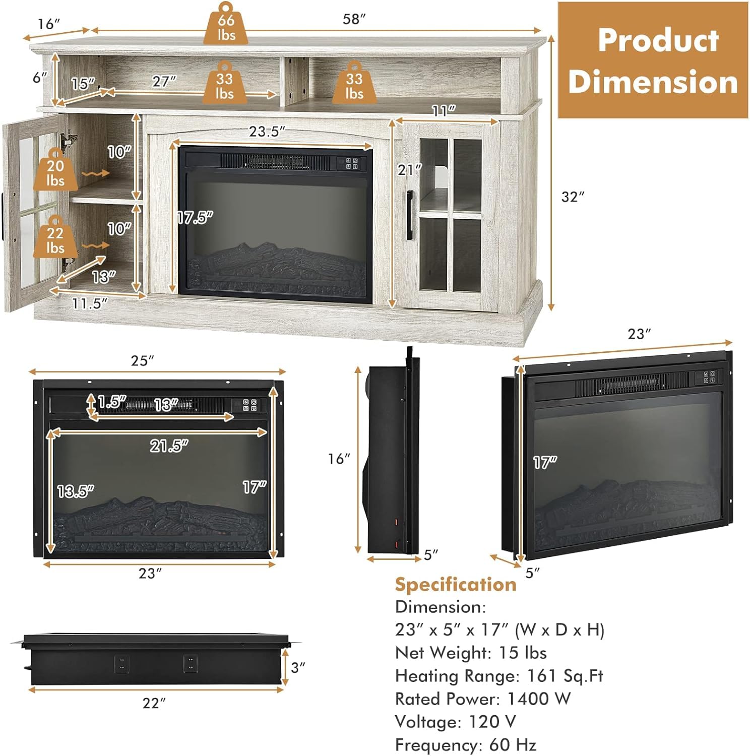 SIMOE 58 Inch Electric Fireplace TV Stand for 65 Inch TVs - Modern Entertainment Center with 23