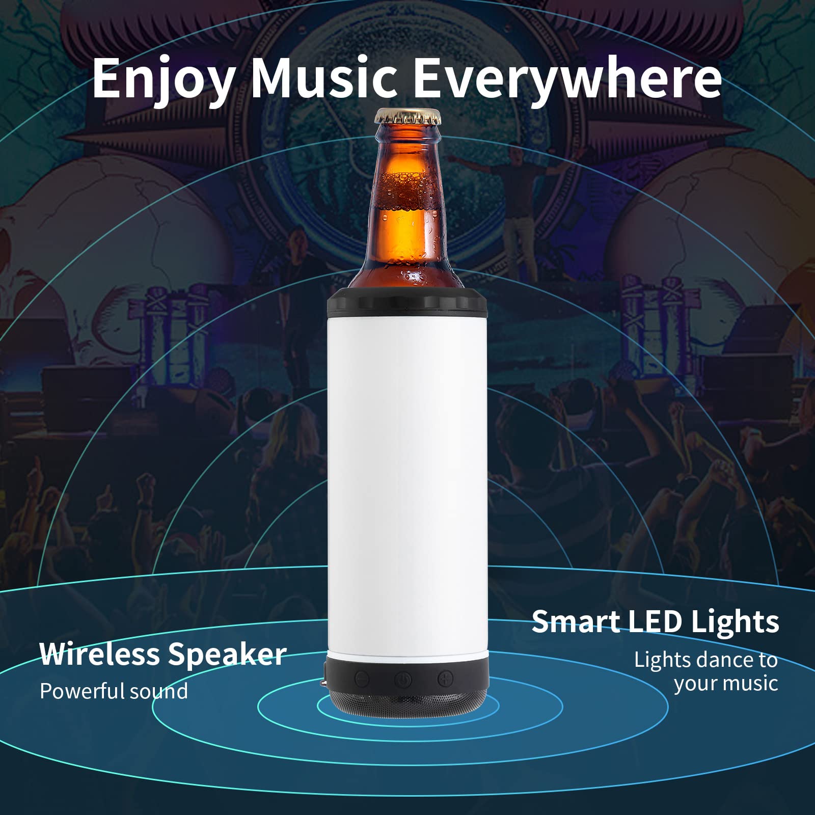 INSTOME 4-in-1 Sublimation Can Cooler with Bluetooth Speaker - 16oz Insulated Beer Can Holder with Detachable LED Light - Perfect for Summer Beach Parties, Camping & Outdoor Events (Black)