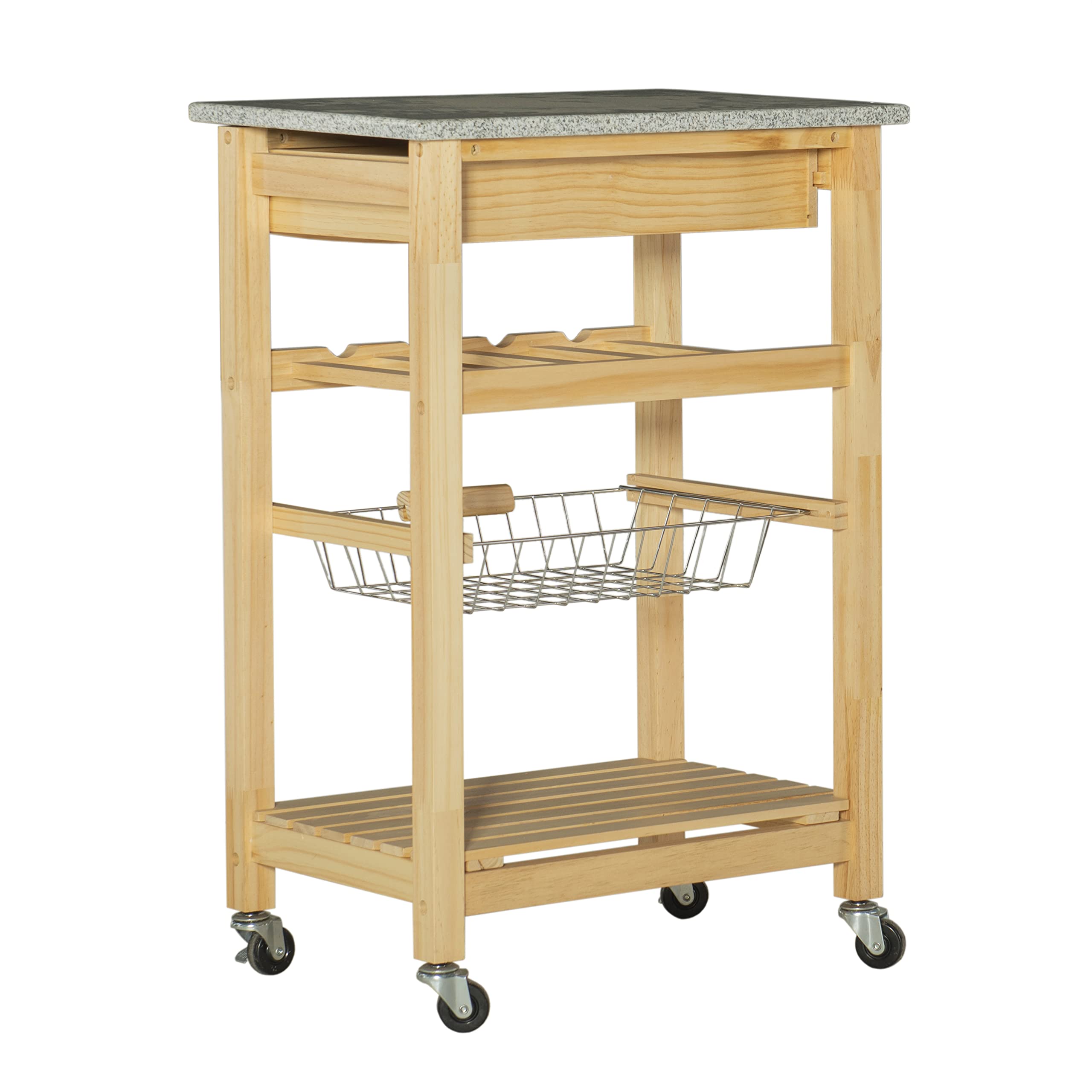 Linon Mila Natural Granite Kitchen Island with Storage Basket & Wheels - Mobile Kitchen Cart for Small Spaces, Food Prep & Extra Counter Space