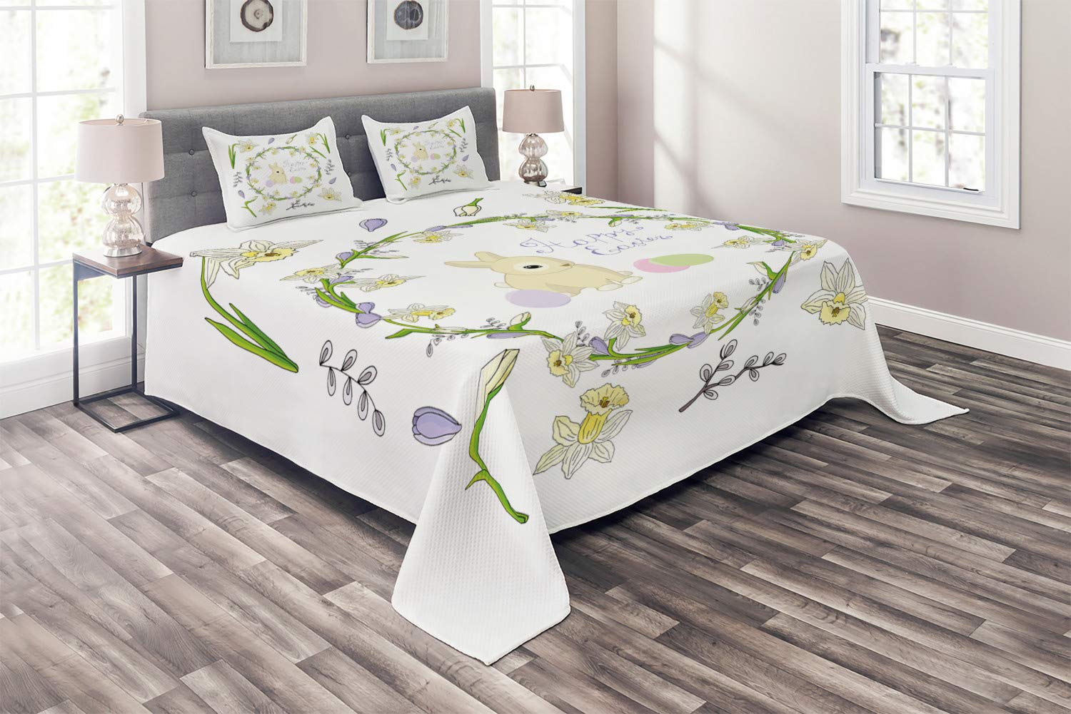 Ambesonne Easter Bunny 3-Piece Quilted Bedspread Set - King Size, Apple Green & Lavender Blue, Romantic Holiday Decor | Perfect for Spring Bedroom, Guest Room & Easter Home Decoration