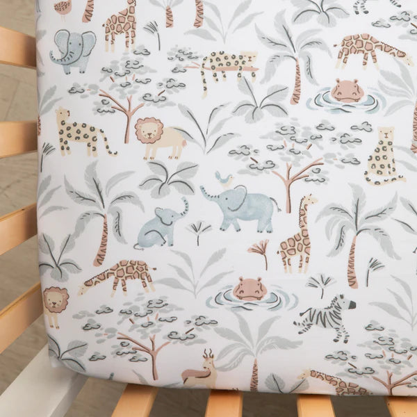 Organic Cotton Jersey Fitted Crib Sheet - Wild Safari Animal Print - Soft Breathable Baby Bedding for Nursery & Toddler Sleep