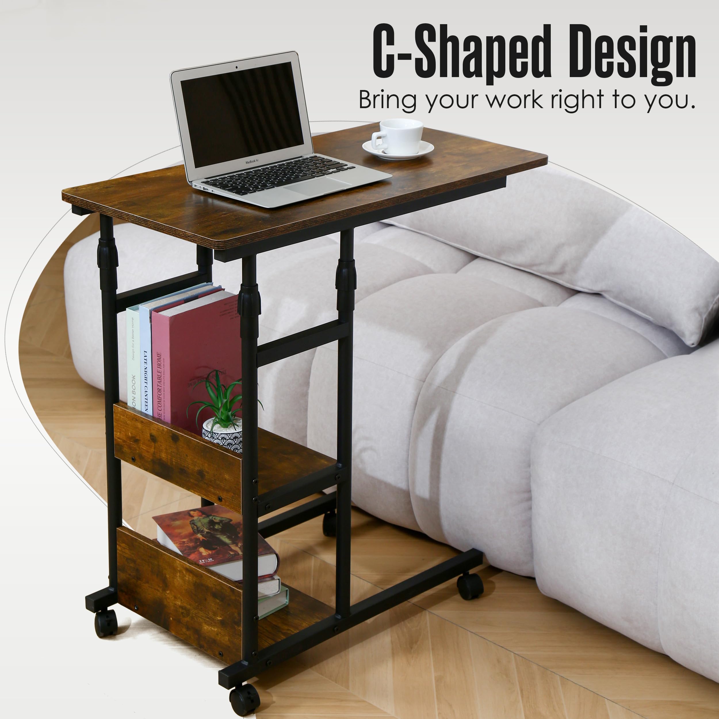Adjustable Height Rolling Bedside Table with Wheels - Mobile C Desk for Over Bed, Under Couch - Perfect for Laptop, Dinner & Snacks - 37 x 32 x 16 Inch - Ideal for Bedroom, Living Room & Small Spaces