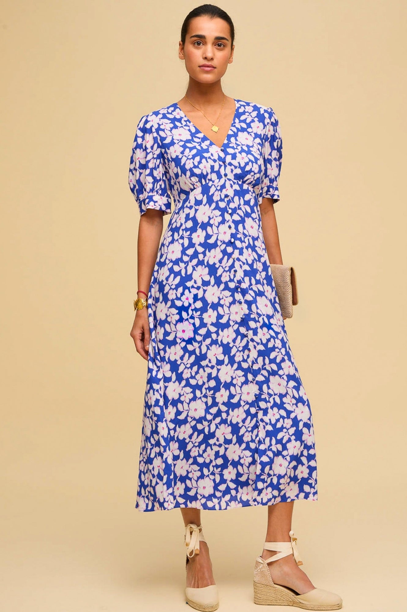 Anne Tea EcoVero™ Sustainable Floral Dress in Blossom Cobalt & Pink - Perfect for Spring Weddings, Garden Parties & Casual Outings