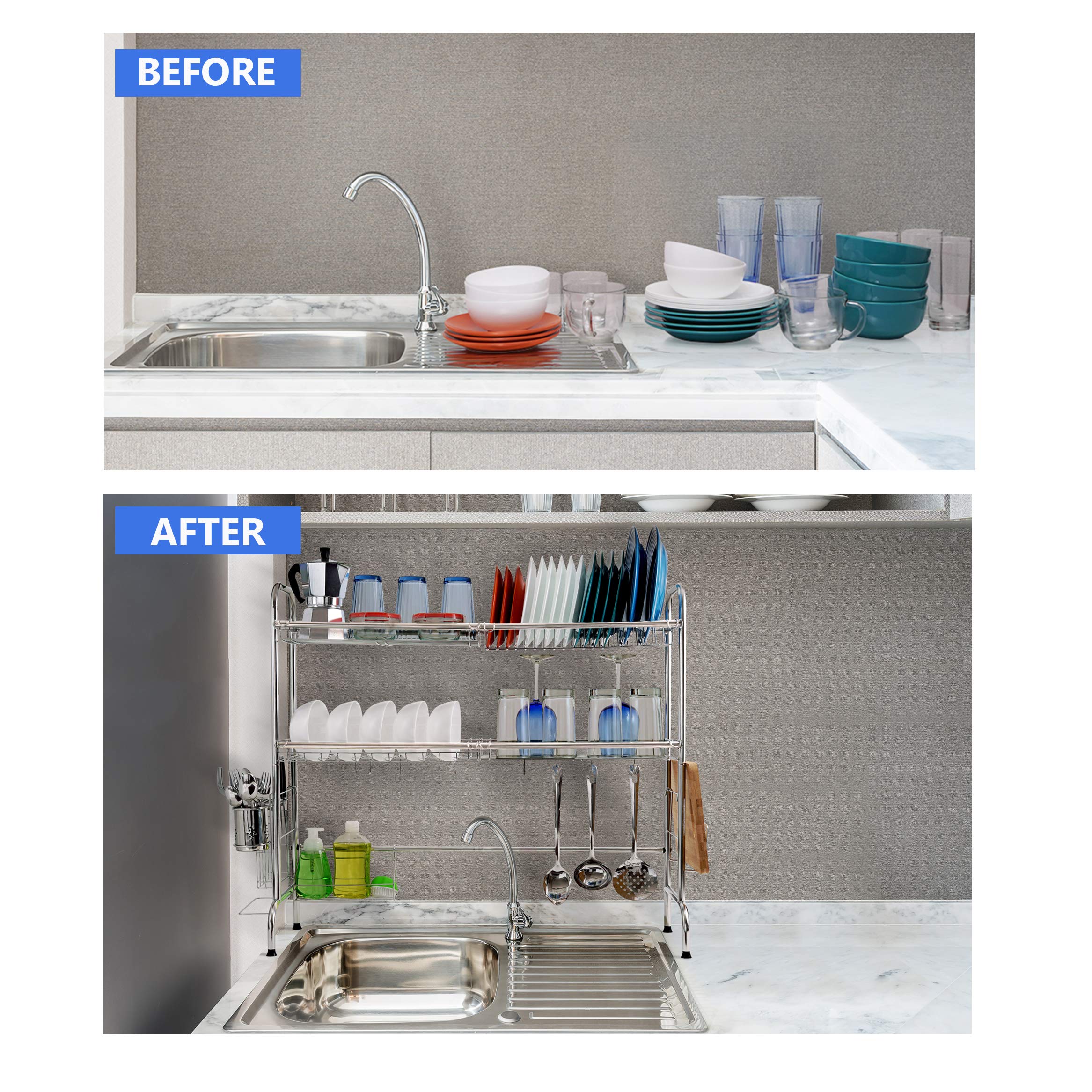 2-Tier Stainless Steel Over The Sink Dish Drying Rack with Non-Slip Feet - Large Kitchen Counter Utensil Drainer & Organizer for Plates, Pots, Cutting Boards - Perfect for Small Kitchens & Apartment Living