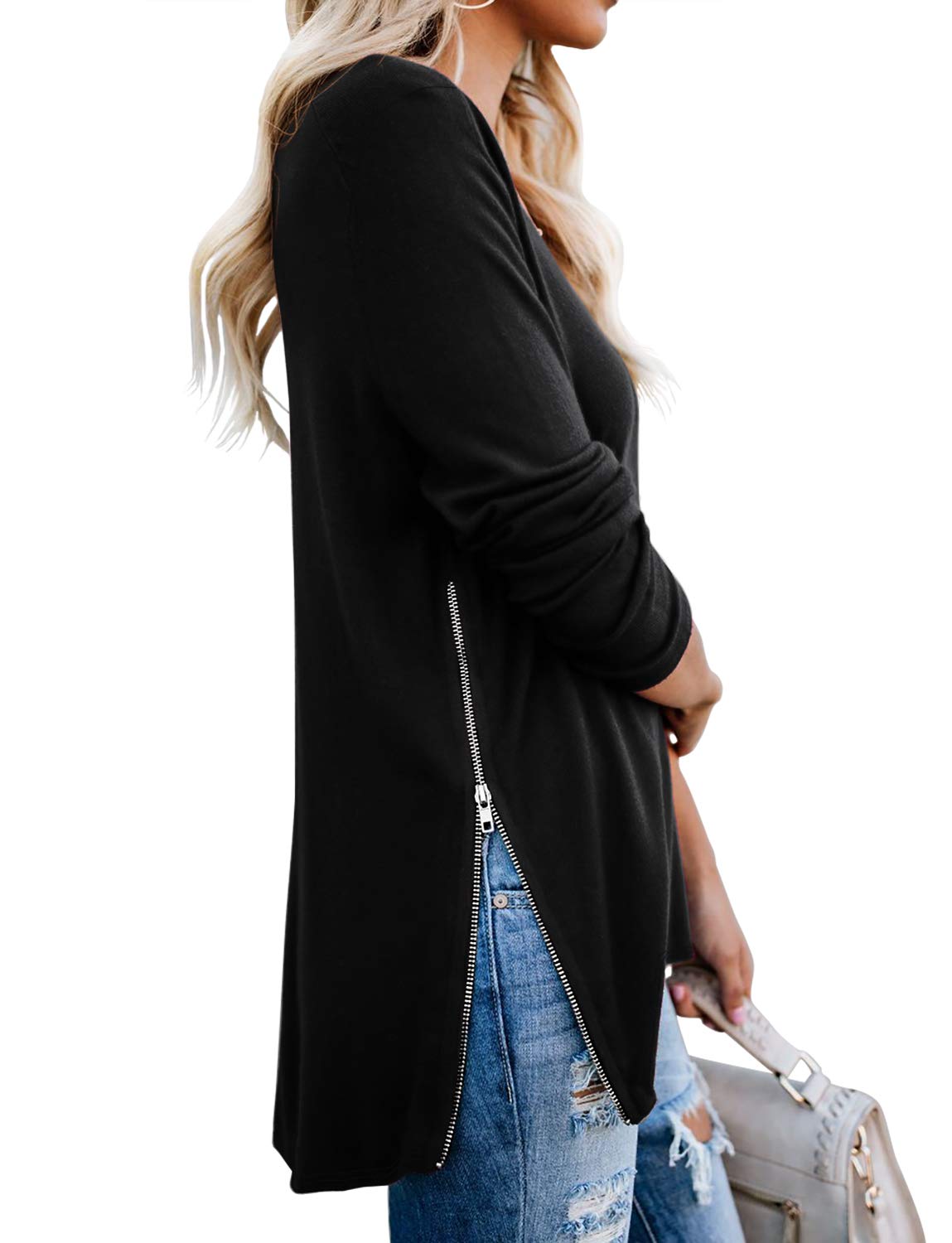 PrinStory Women's V-Neck Split Blouse with Side Zipper - Casual Long Sleeve Tops for Daily Wear