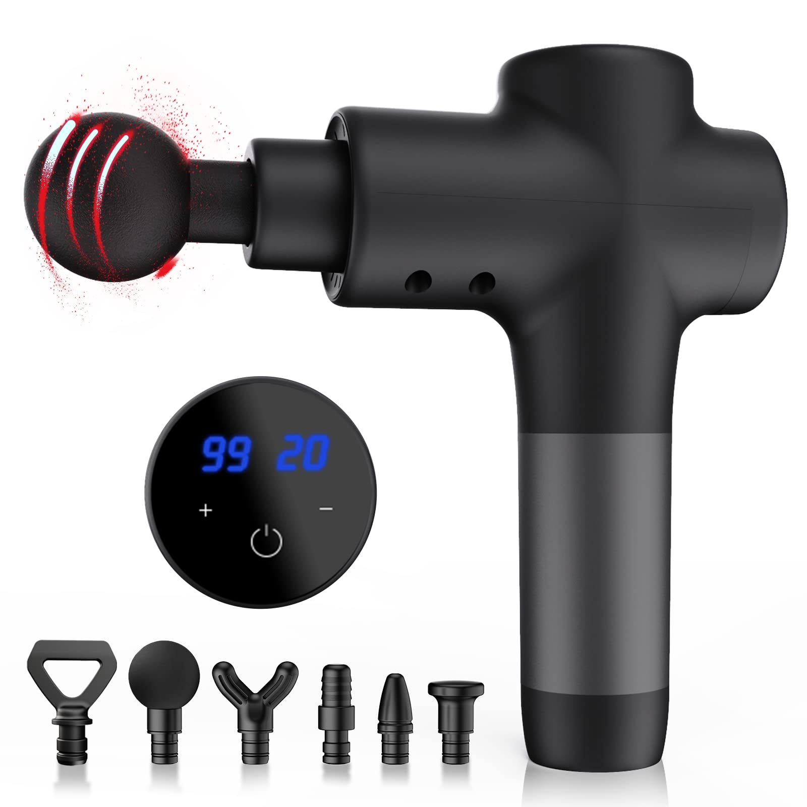 20-Speed Deep Tissue Massage Gun with 6 Interchangeable Heads - Percussion Massager for Athletes, Pain Relief for Back/Neck/Leg Muscles - Matte Black - Perfect for Post-Workout Recovery & Muscle Relaxation at Home/Gym