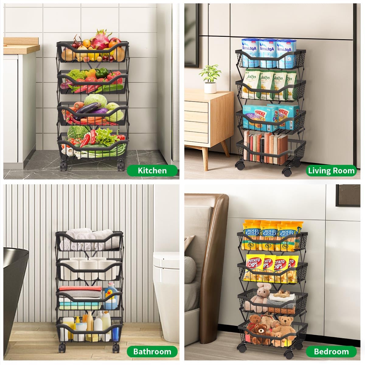 4-Tier Stackable Metal Wire Fruit & Vegetable Storage Basket with Wheels - Kitchen, Living Room, Dining Room, Office Organizer Cart (Black) | Perfect for Fresh Produce Display & Space-Saving Storage