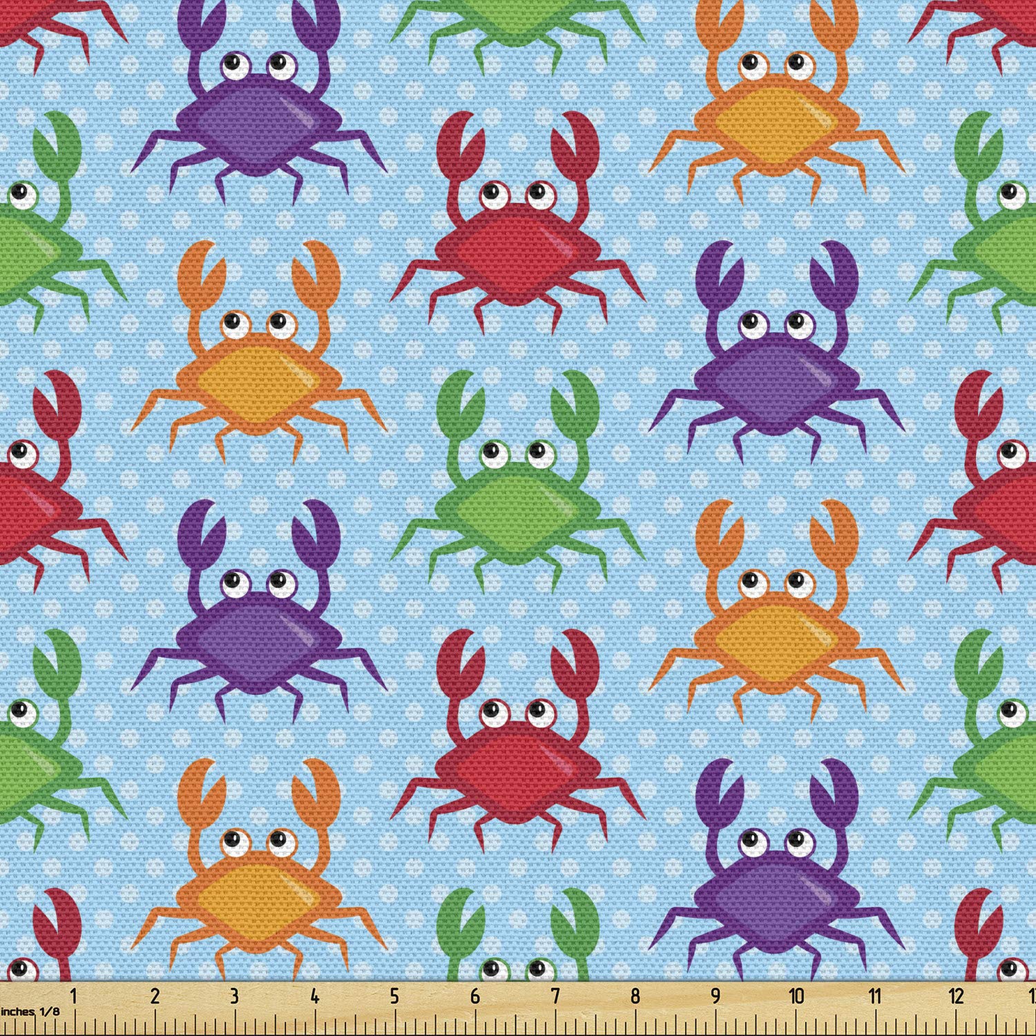 Ambesonne Crabs Fabric by The Yard - Cartoon Art Style Blue Background with Bubbles Print - Decorative Upholstery & Home Accent Fabric - 1 Yard Aqua Green - Perfect for DIY Projects, Curtains, Pillows & Coastal Home Decor