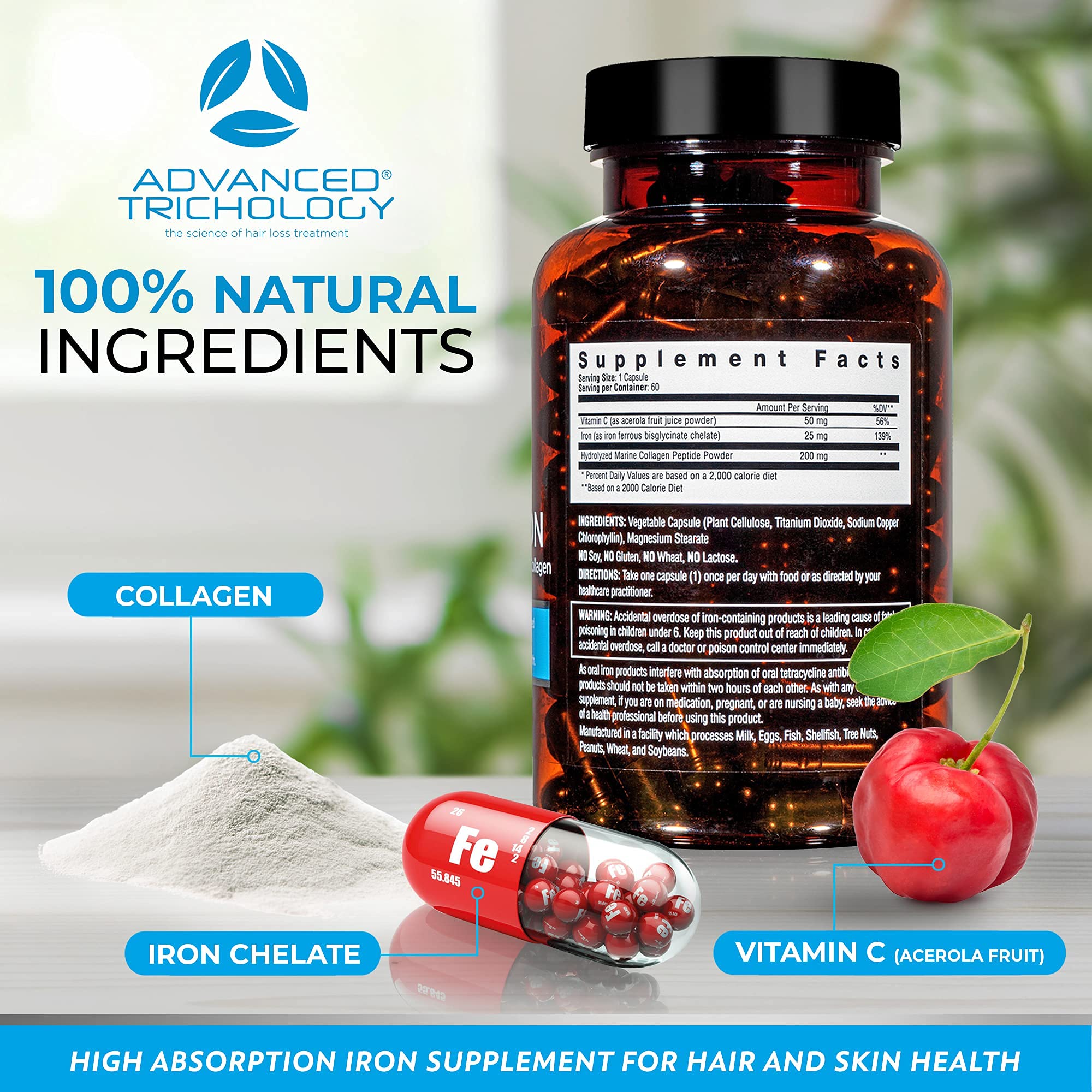 Premium Iron Supplement for Hair Growth & Skin Health - Derma-Iron Complex with Collagen & Vitamin C for Women & Men - Supports Low Iron, Ferritin Levels & Thinning Hair - Ideal for Hair Loss Treatment & Beauty Regimen