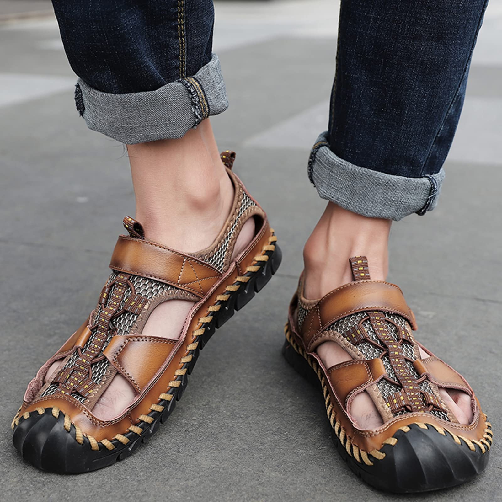 **Men's Leather Fisherman Sandals - Breathable Closed Toe Beach Shoes for Summer | Non-Slip Water Sandals for Outdoor Walking, Hiking & Athletic Slides | Handmade Comfortable Anti-Collision Design**    *(Perfect for beach trips, hiking adventures, casual walks, and water activities!)*
