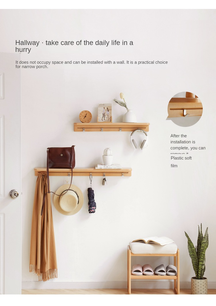 Solid Beech Wood Wall Shelf with Hooks - Rustic Floating Shelf for Kitchen, Bathroom, or Living Room Storage & Decor