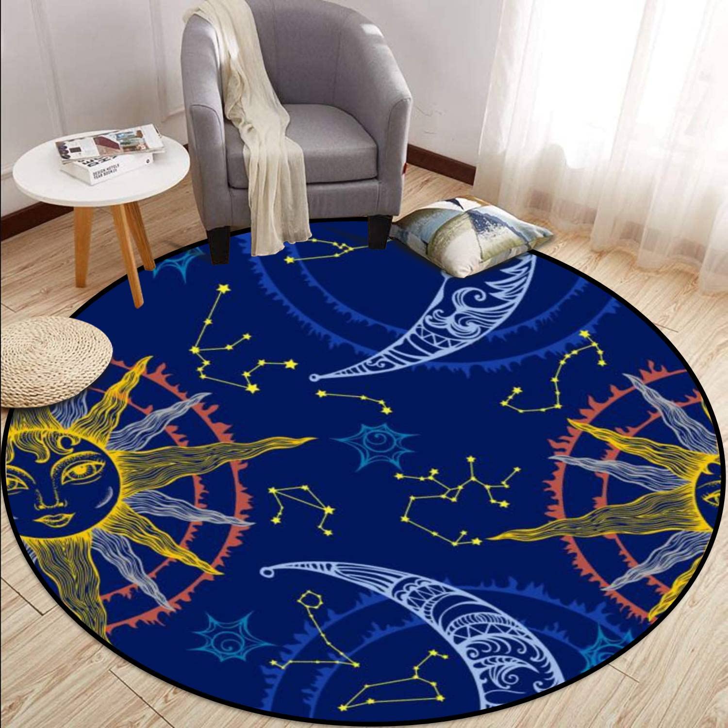 6ft Circle Round Rug - Soft Machine Washable Area Rug for Bedroom, Nursery, Entryway, Indoor & Outdoor Use - Sun Moon Design for Dining Room, Living Room & Kids Play Area