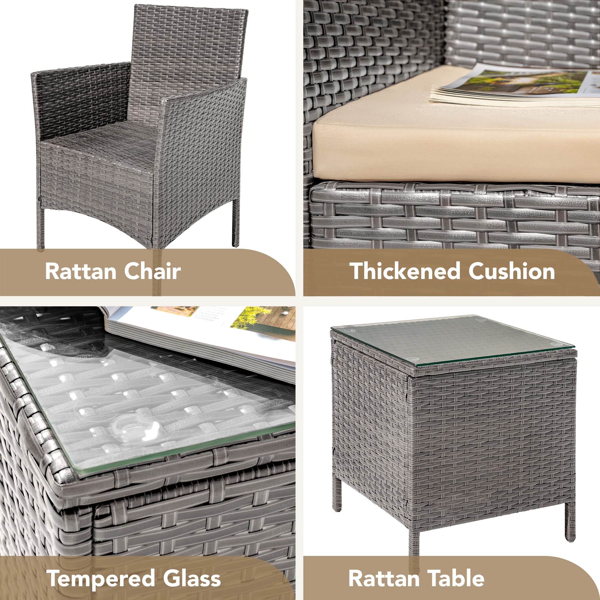 Devoko 3-Piece PE Rattan Patio Furniture Set with Table - Light Grey Wicker Chairs for Outdoor, Garden, Porch - Perfect for Backyard Relaxation & Entertaining Guests