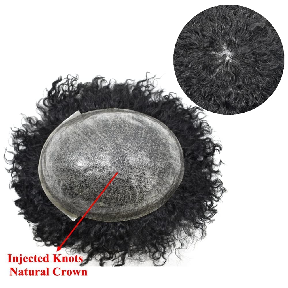 **Afro Curly Toupee for Black Men - 100% Virgin Human Kinky Curly Hair Replacement - 8X10 Inch Thin Skin Hair Unit (Afro Wavy 6mm, #1B Off Black/Natural Black) - 120% Medium Light to Medium Density - Perfect for Daily Wear, Cosplay & Special Events**