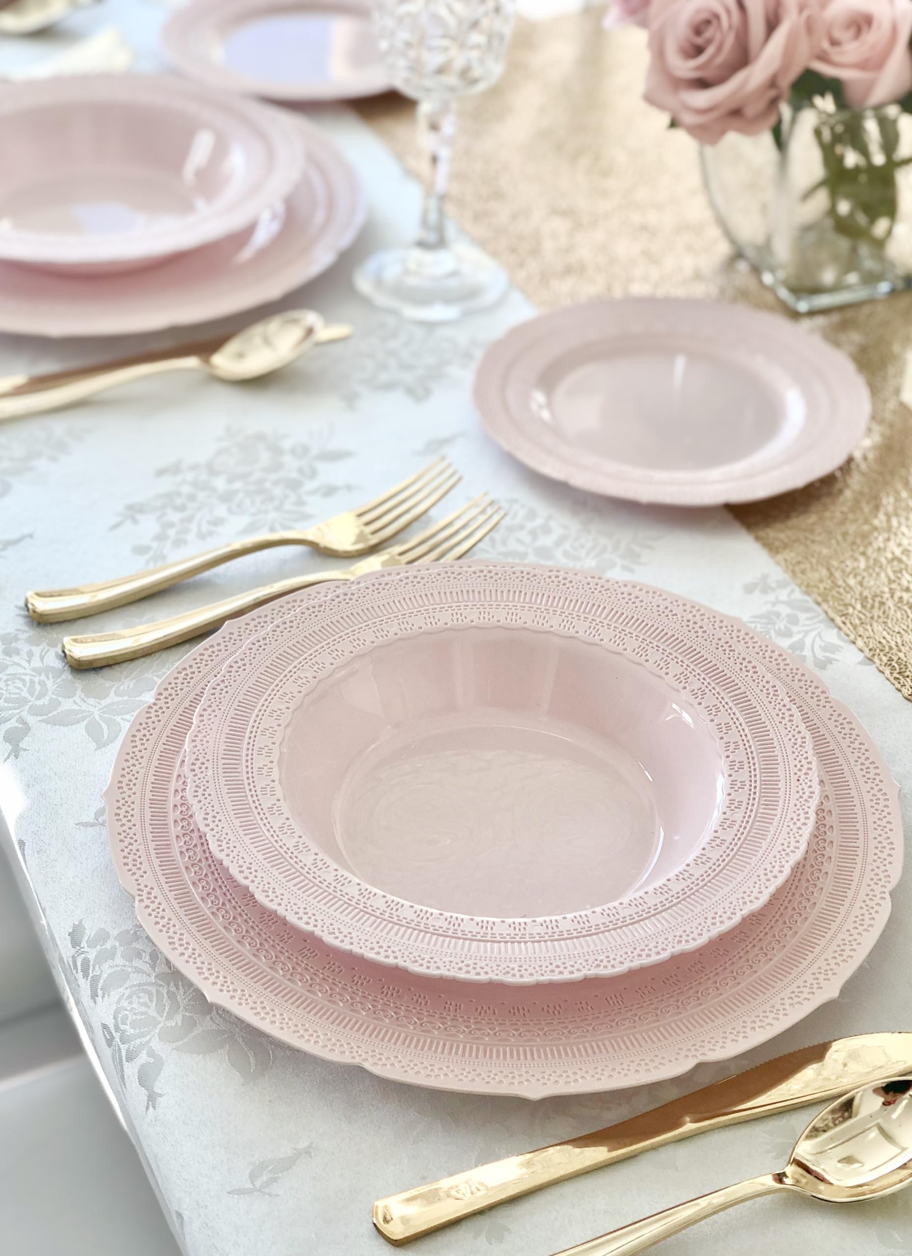 240 Pack Extra Heavyweight Disposable Plastic Bowls - 14 oz Vintage Wedding Party Soup Bowls in Chateau Blush Pink | Perfect for Weddings, Parties, Catering & Outdoor Events