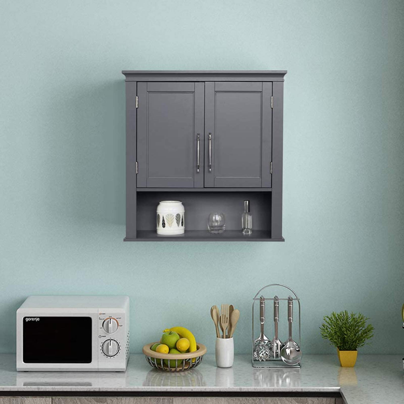 Wall Mounted Double Door Medicine Cabinet with Adjustable Shelves - Bathroom & Kitchen Storage Organizer, Open Bottom Design, Space Saving Grey Cabinet for Toiletries, Cosmetics, and Essentials
