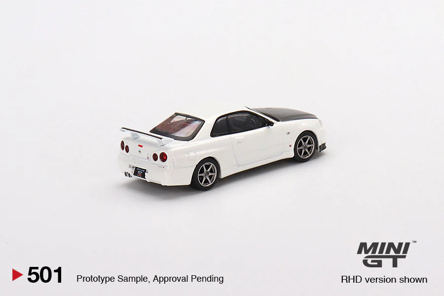 MINIGT 1:64 Scale Diecast Model - Nissan Skyline GT-R R34 V Spec II N1 White - Collectible Car for Display, Racing Games & Gift for Car Enthusiasts