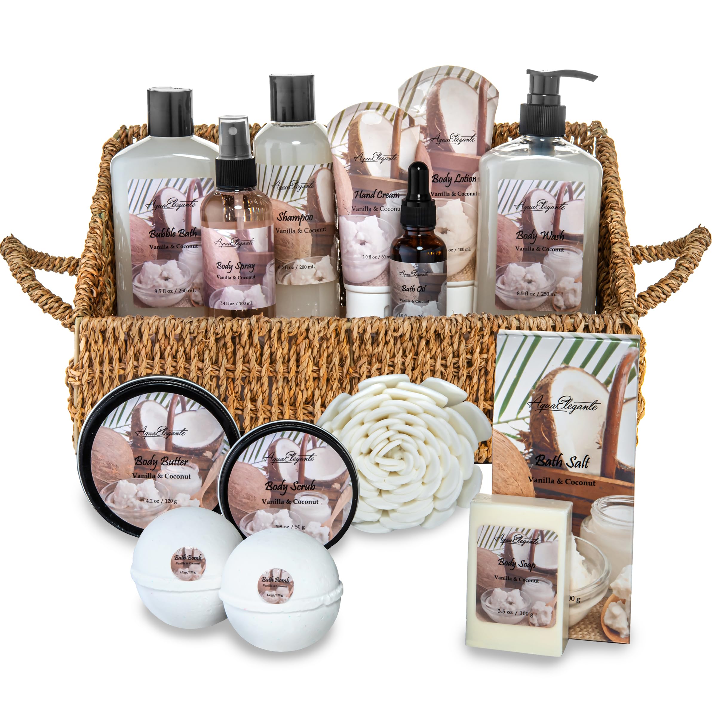 Luxury Bath & Spa Gift Set with Coconut Vanilla Scent - Includes Bubble Bath, Body Wash, Lotion, Bath Salts, Scrub, Bath Bombs, Soap & Towel - Perfect for Relaxation, Self Care & Romantic Gifts