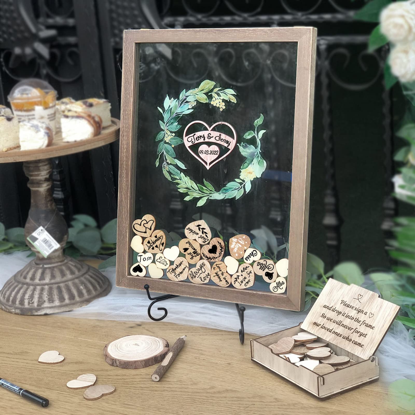 Y&K Homish Transparent Wedding Guest Book Alternative - 80 Hearts Green Wreath Rustic Brown Guest Signing Frame for Wedding Reception, Bridal Shower & Anniversary Party Decor